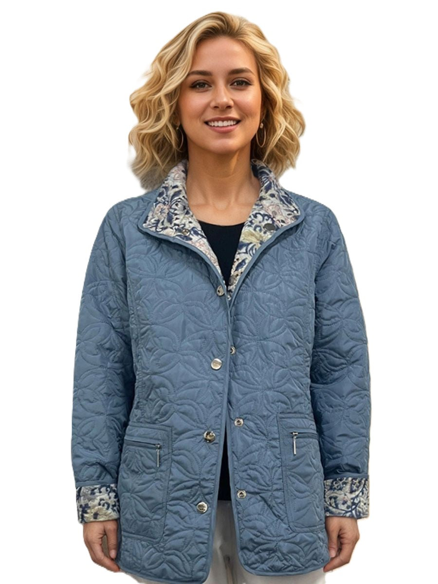 Blue quilted denim jacket with floral reversible lining by Creations, styled as the Lily Floral Reversible Quilted Jacket