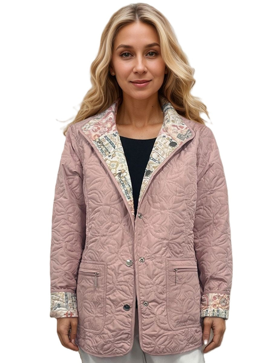 Creations Lily Floral Reversible Quilted Jacket in soft rose with floral quilted pattern and printed reversible lining outerwear