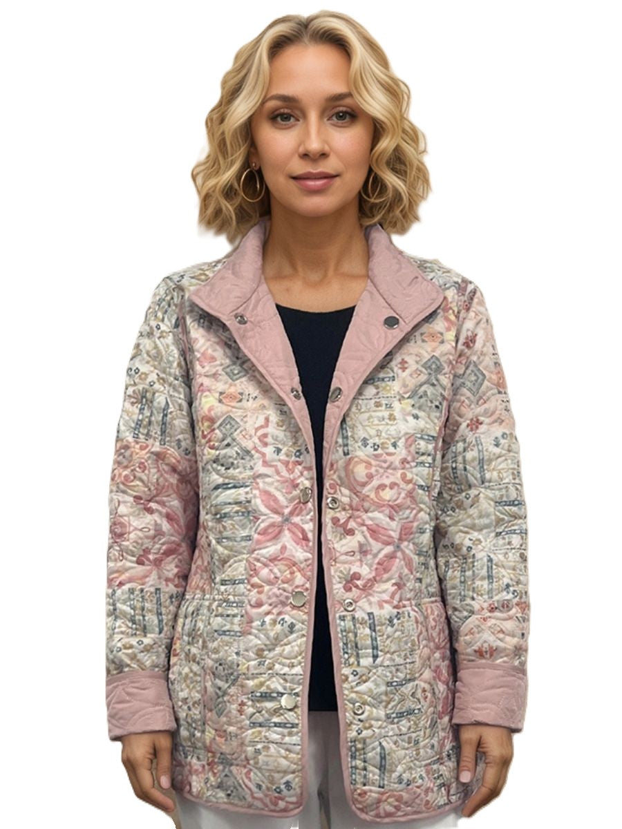 Lily Floral Reversible Quilted Jacket by Creations with floral patchwork design and pink accents, stylish outerwear jacket.