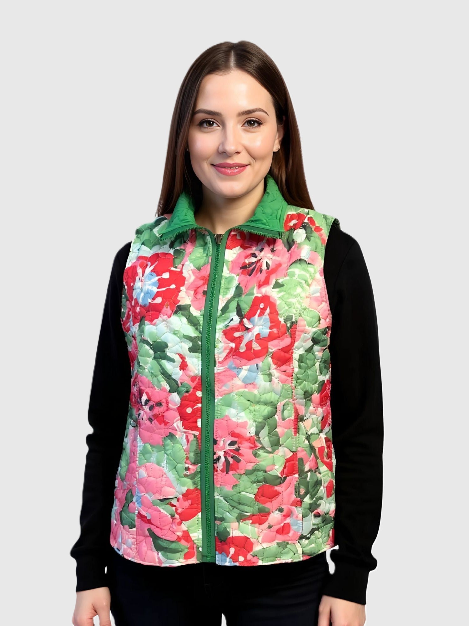 Creation Lily Reversible Printed Vest by Creations in floral print quilted fabric with green trim, suitable as lightweight outerwear.