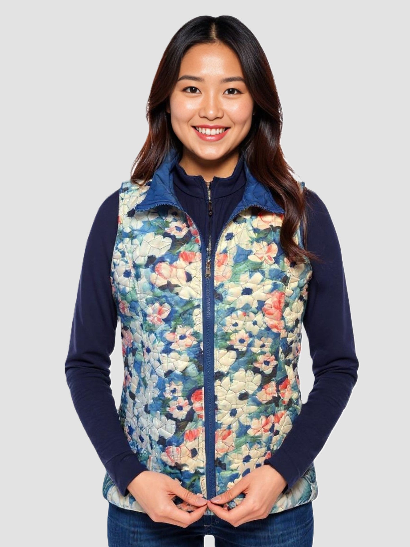 Creation Lily Reversible Printed Vest by Creations in floral quilted design with blue accents, ideal for outerwear layering.
