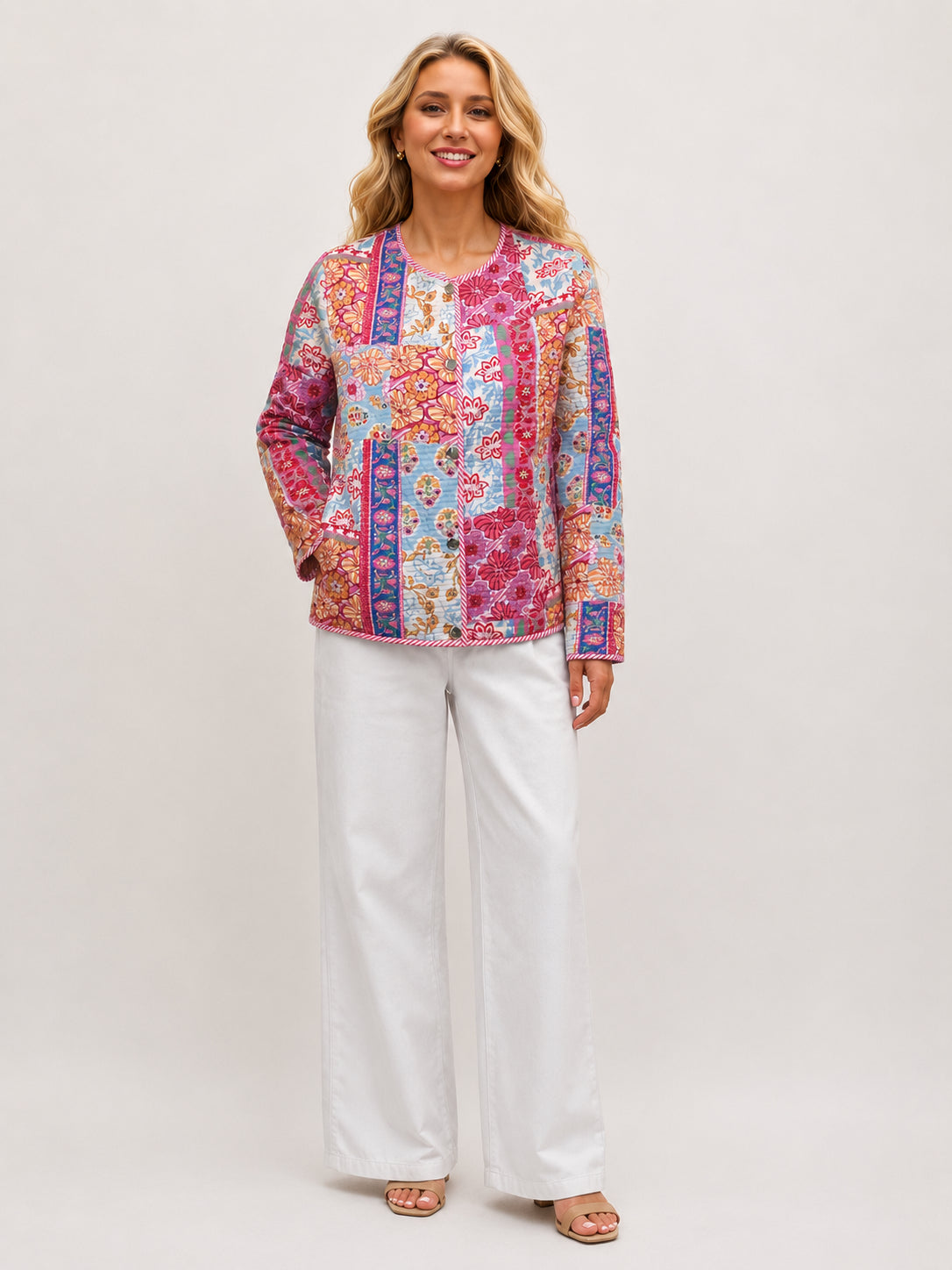 Creation Floral Quilted Jacket by Creations featuring multicolor floral patchwork design and quilted outerwear style.