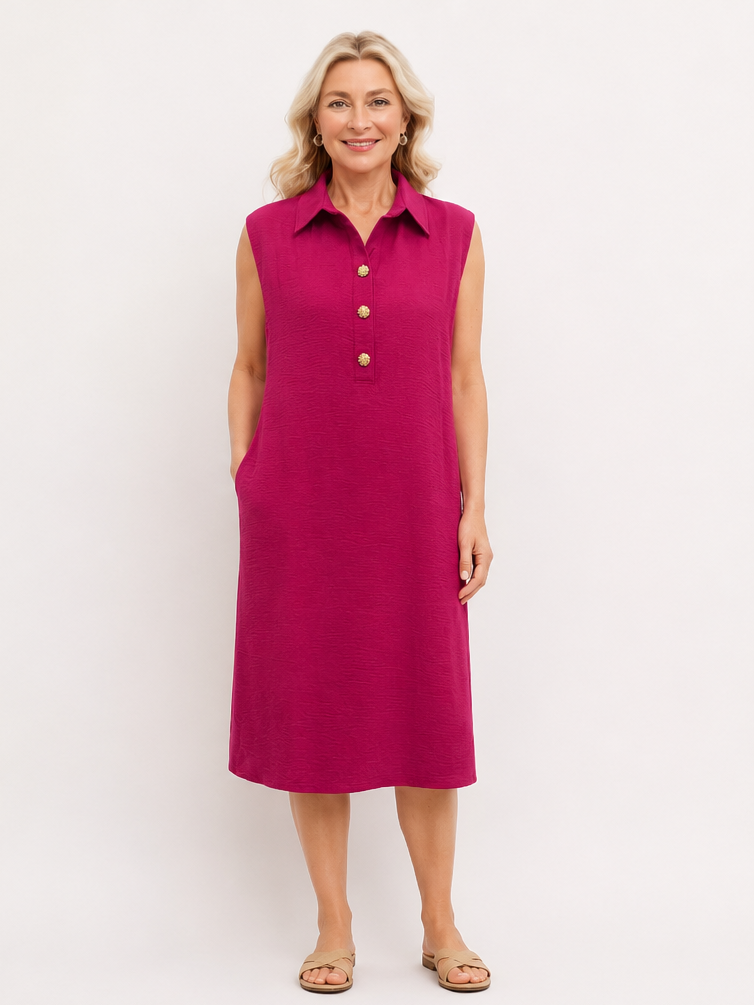 Creation Ryan 3 Button Sleeveless Dress in berry color by Creations, featuring a collared neckline and decorative buttons.