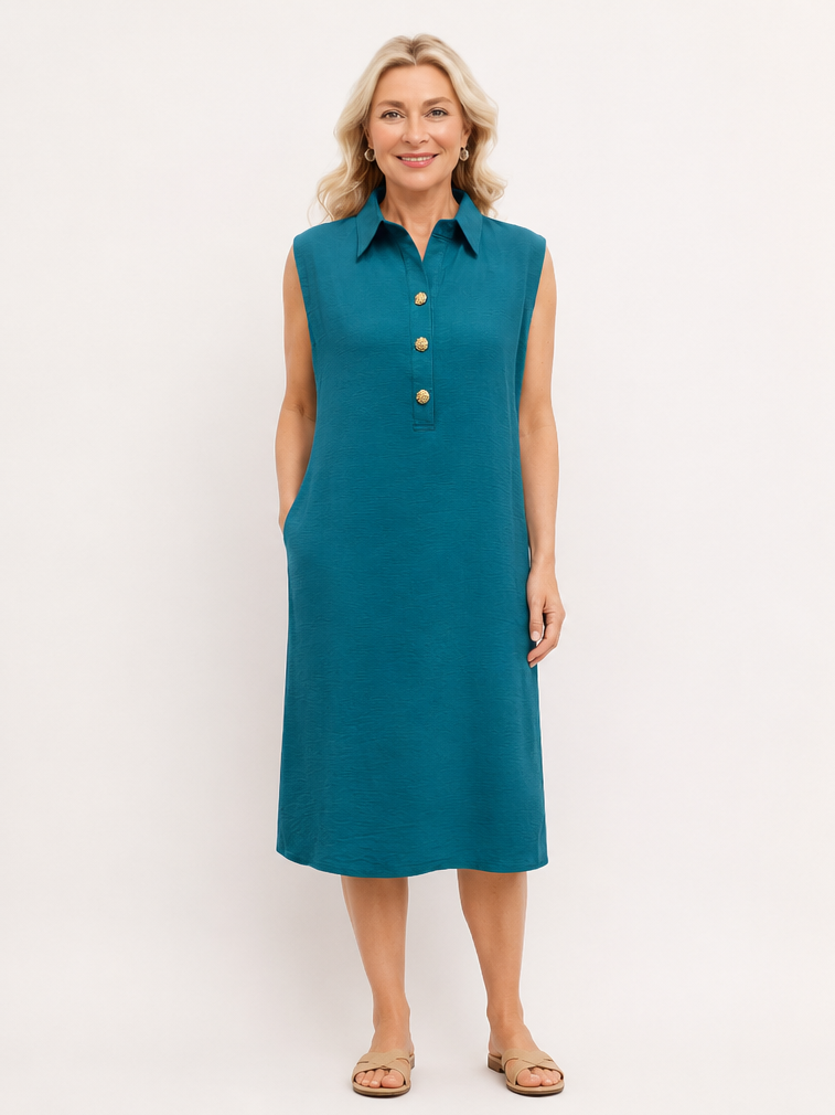 Creation Ryan 3 Button Sleeveless Dress in teal by Creations, featuring a collared neckline and gold buttons.