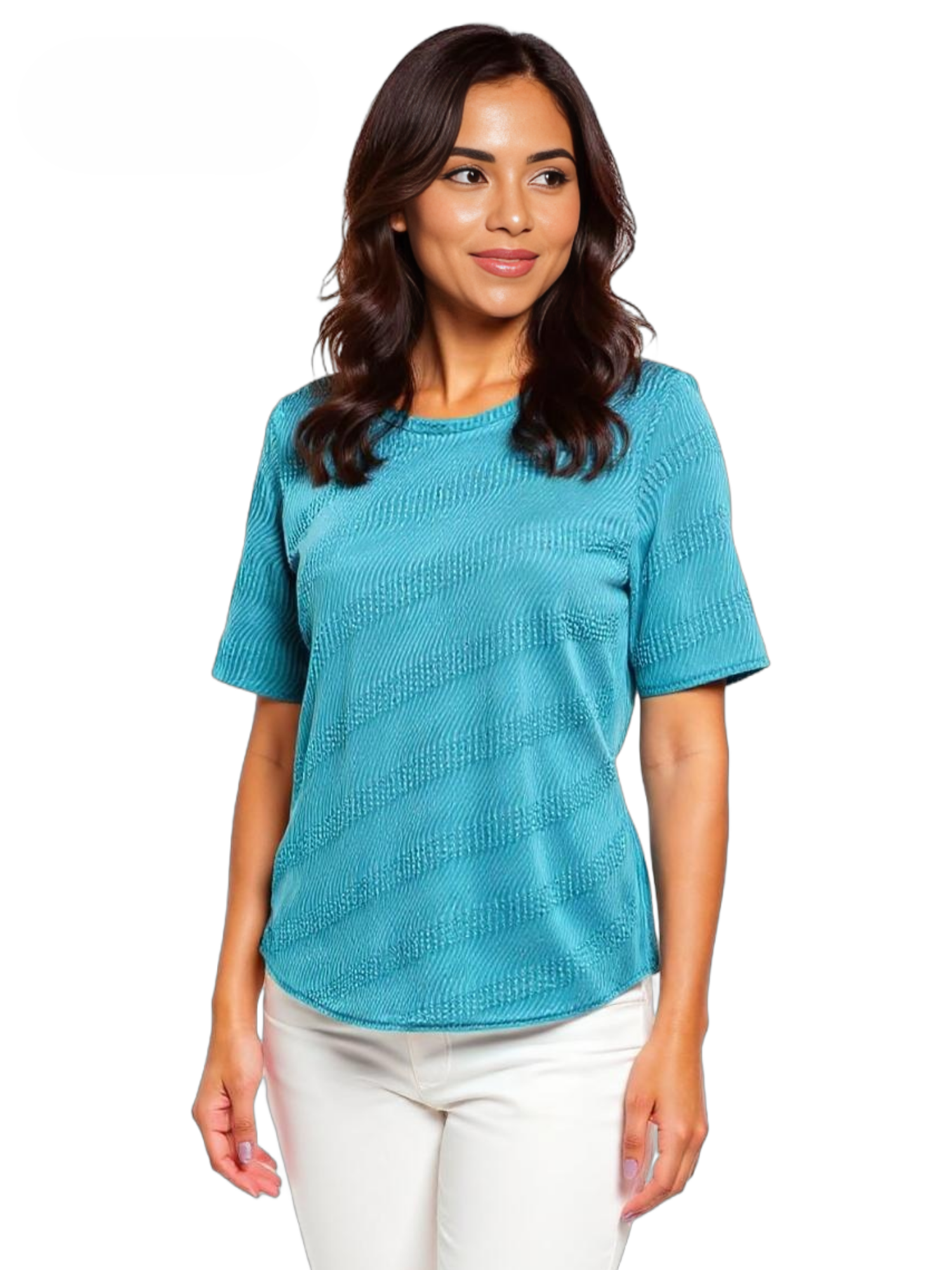 Blue textured short sleeve top from Creations, named Creation Ripple Short Sleeve Top, styled with white pants.