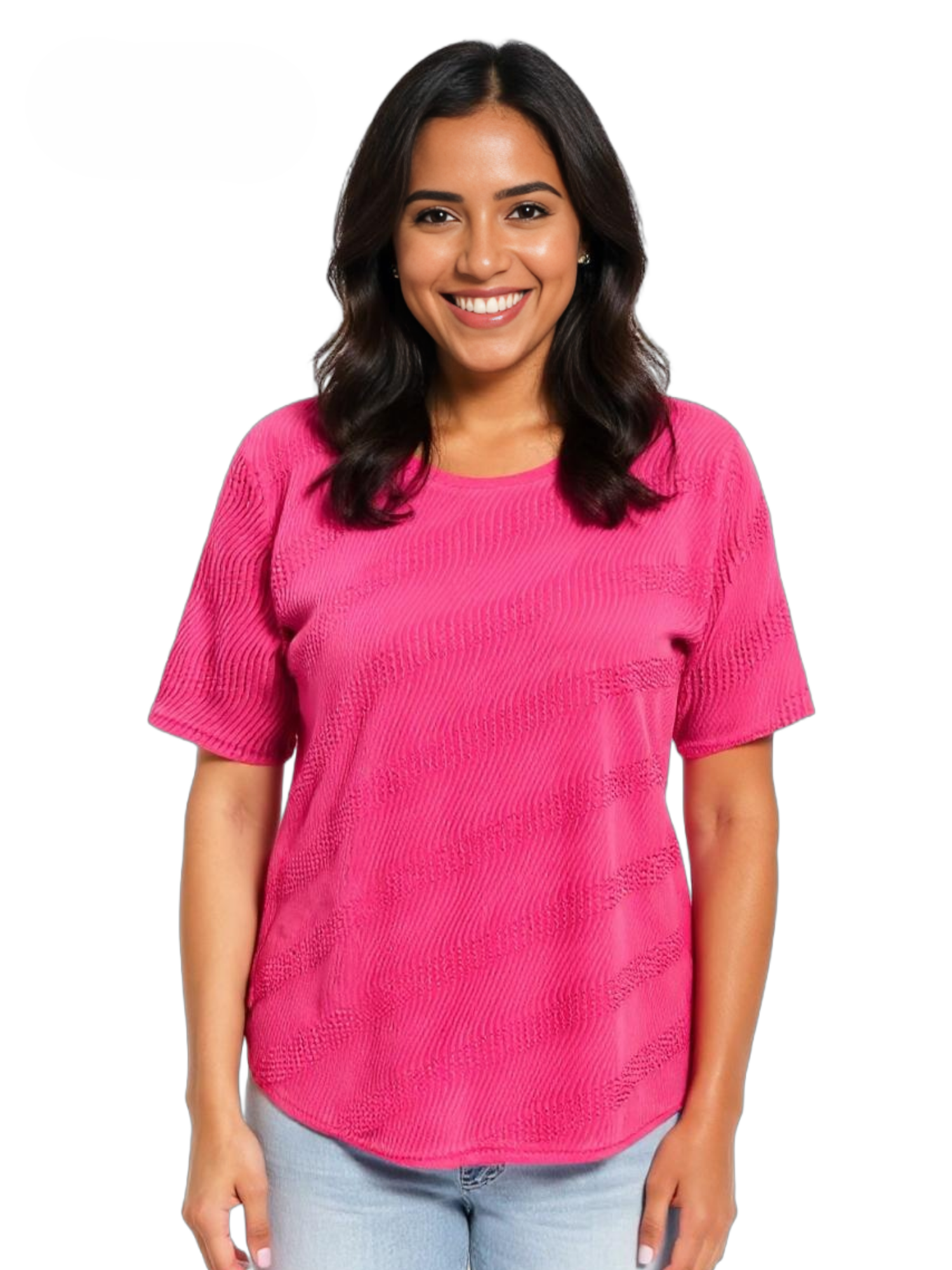 Bright pink textured short sleeve Creation Ripple Short Sleeve Top by Creations in a casual style