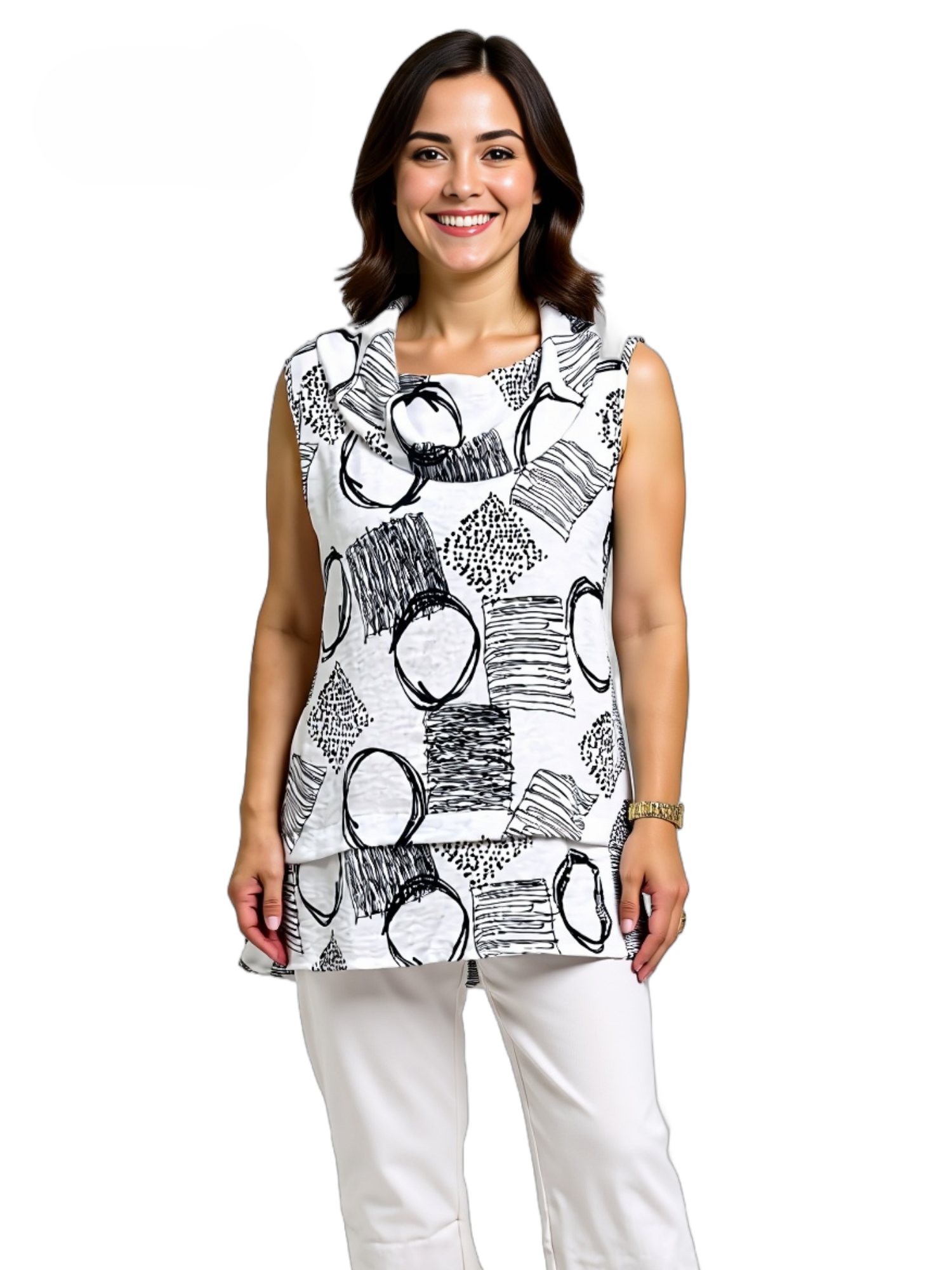 Creation Mixed Balls Double Layer Sleeveless Cowl Neck Top by Creations in white with black abstract pattern, styled with white pants.