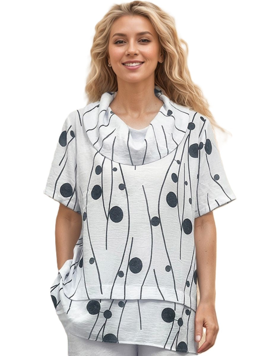 Creations Mixed Balls Double Layer Short Sleeve Cowl Neck Top in white with black abstract dots and lines design.