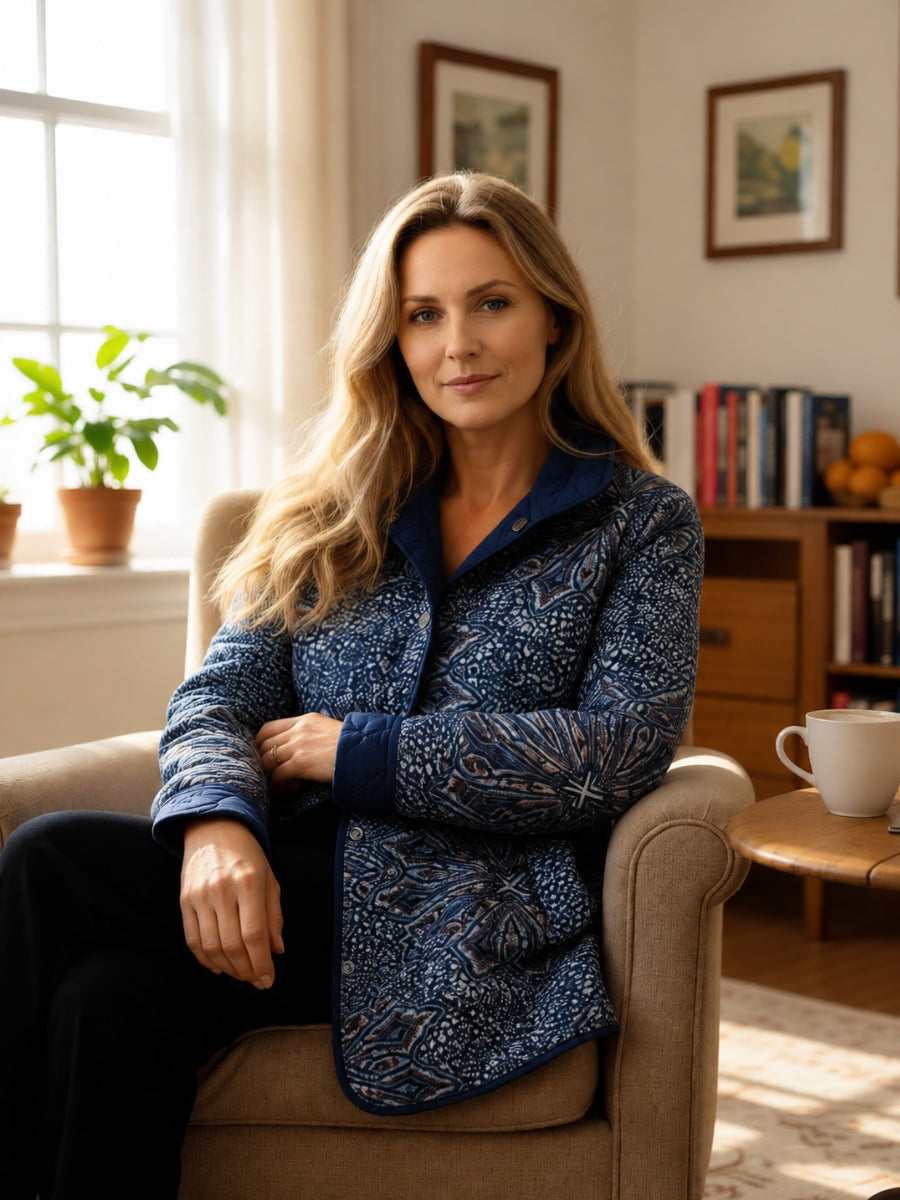 Relaxed individual seated in an armchair indoors, wearing a patterned blue jacket with a subtle design.