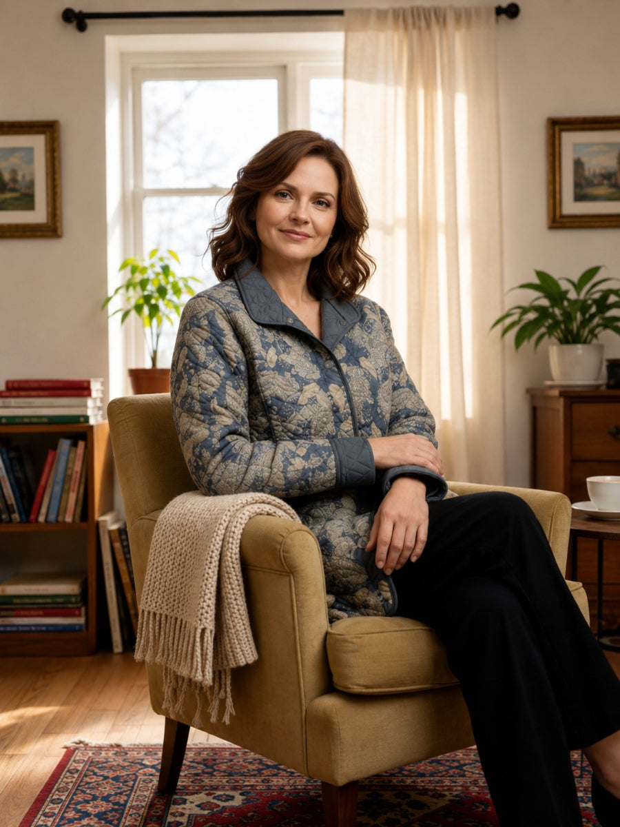 Quilted jacket with floral pattern and dark trim, seated in a cozy room with books and plants.