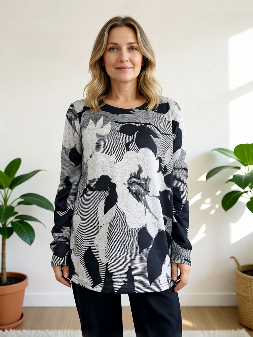 Abstract Hacci Mix Long Sleeve Top by Creations in black and gray floral pattern, ideal for casual or semi-formal wear.