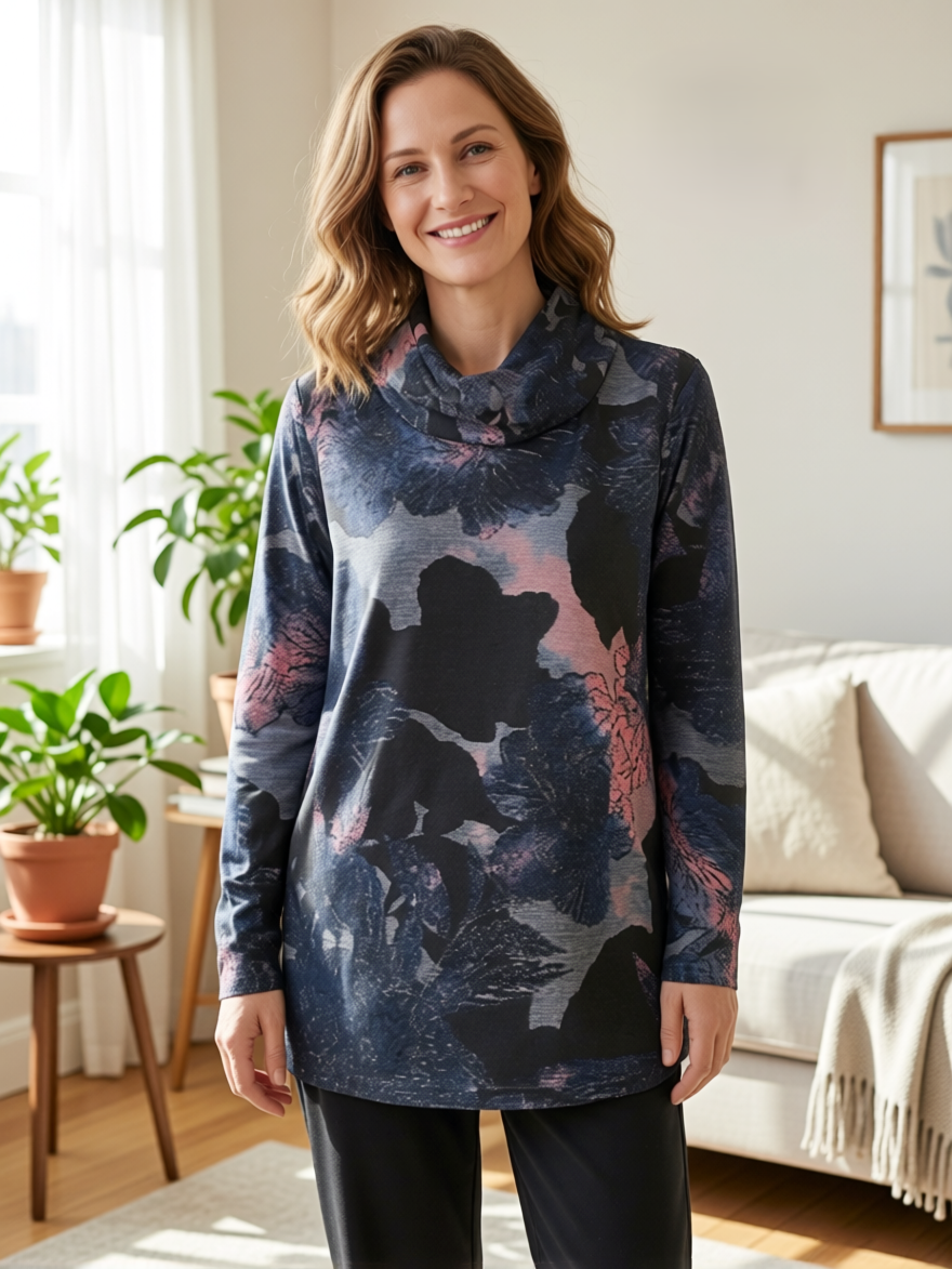 Abstract Hacci Mix Cowl Neck Top by Creations in dark floral print, long sleeves, and relaxed fit sweater top style