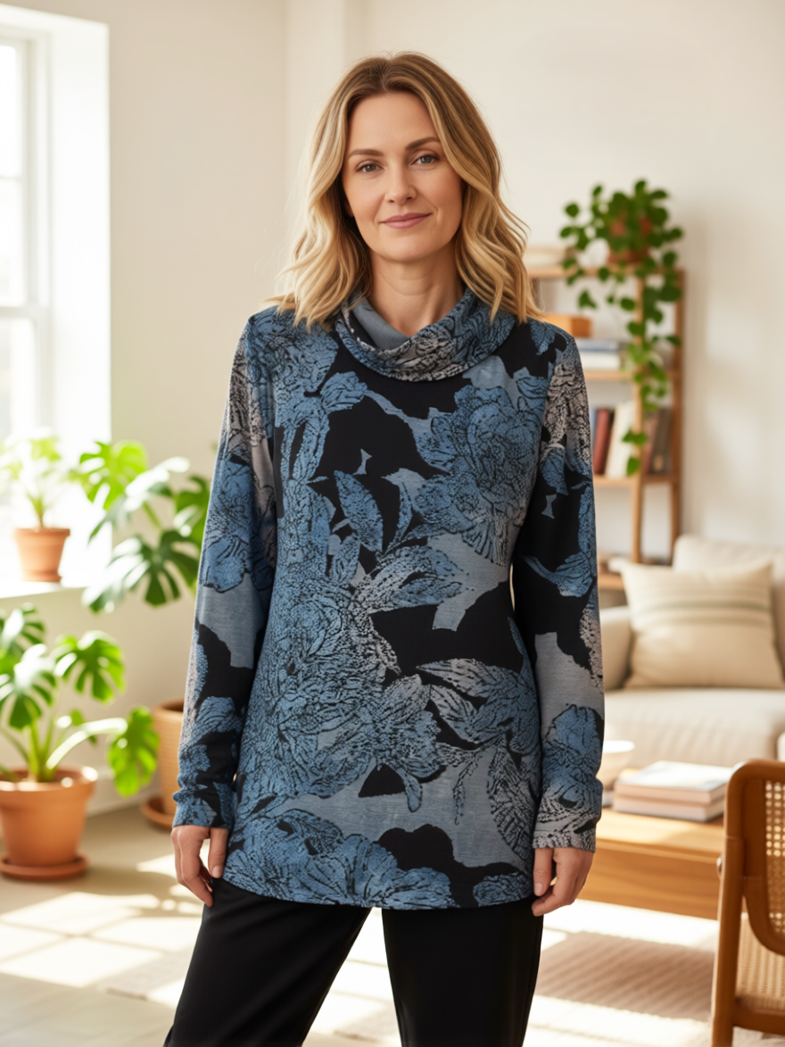 Abstract Hacci Mix Cowl Neck Top