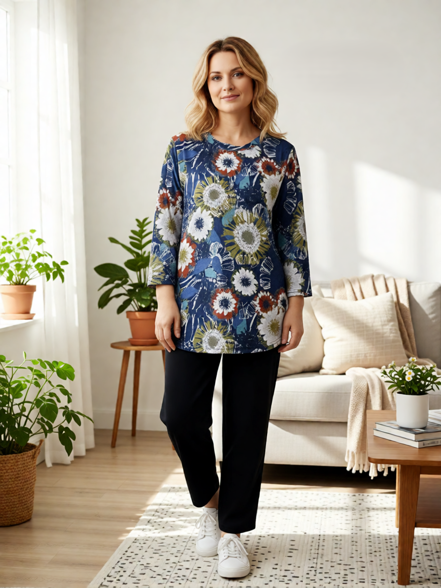 Uneven Hem Printed Hacci Top by Creations with floral pattern, paired with black pants in bright living room setting.