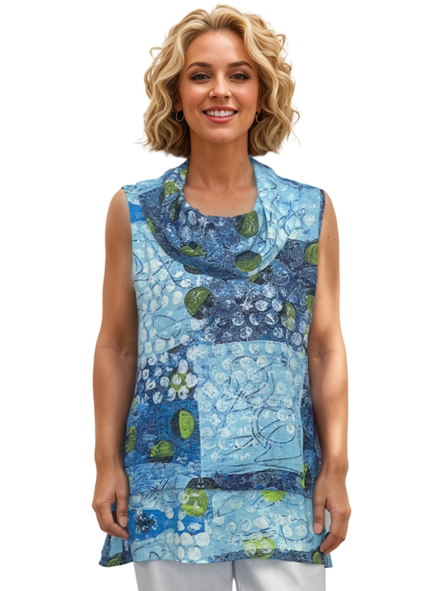 Creation Ocean Blocks Double Layer Sleeveless Cowl Top by Creations in blue abstract print top with green accents.