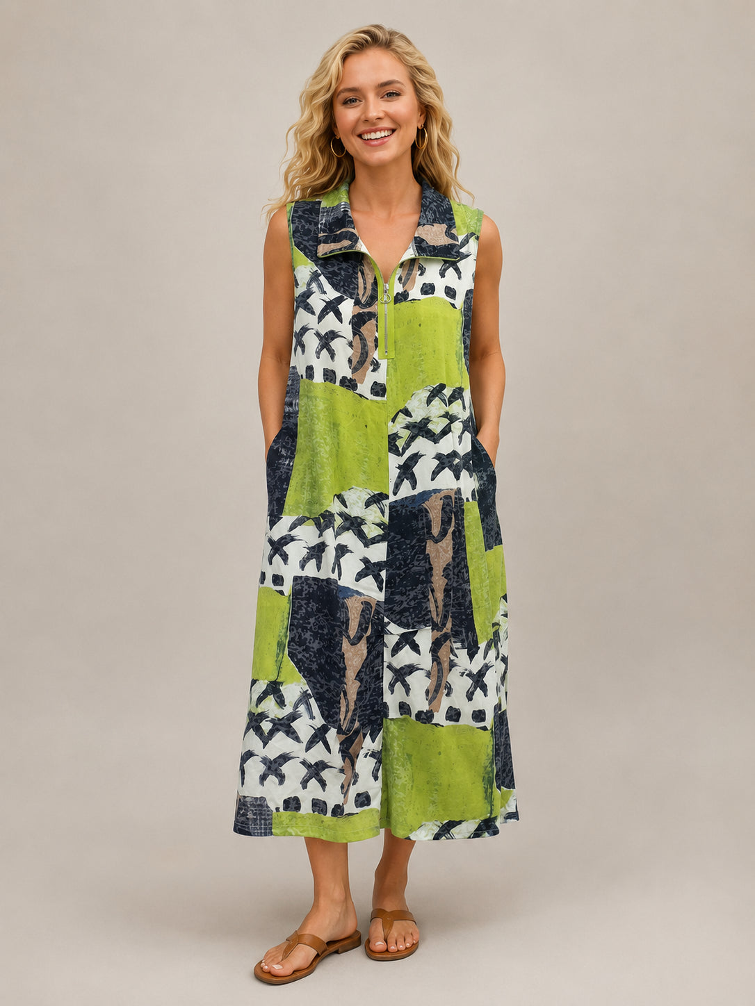 Creation Patchwork Zip Front Dress by Creations in green and navy patchwork with zip front and sleeveless design