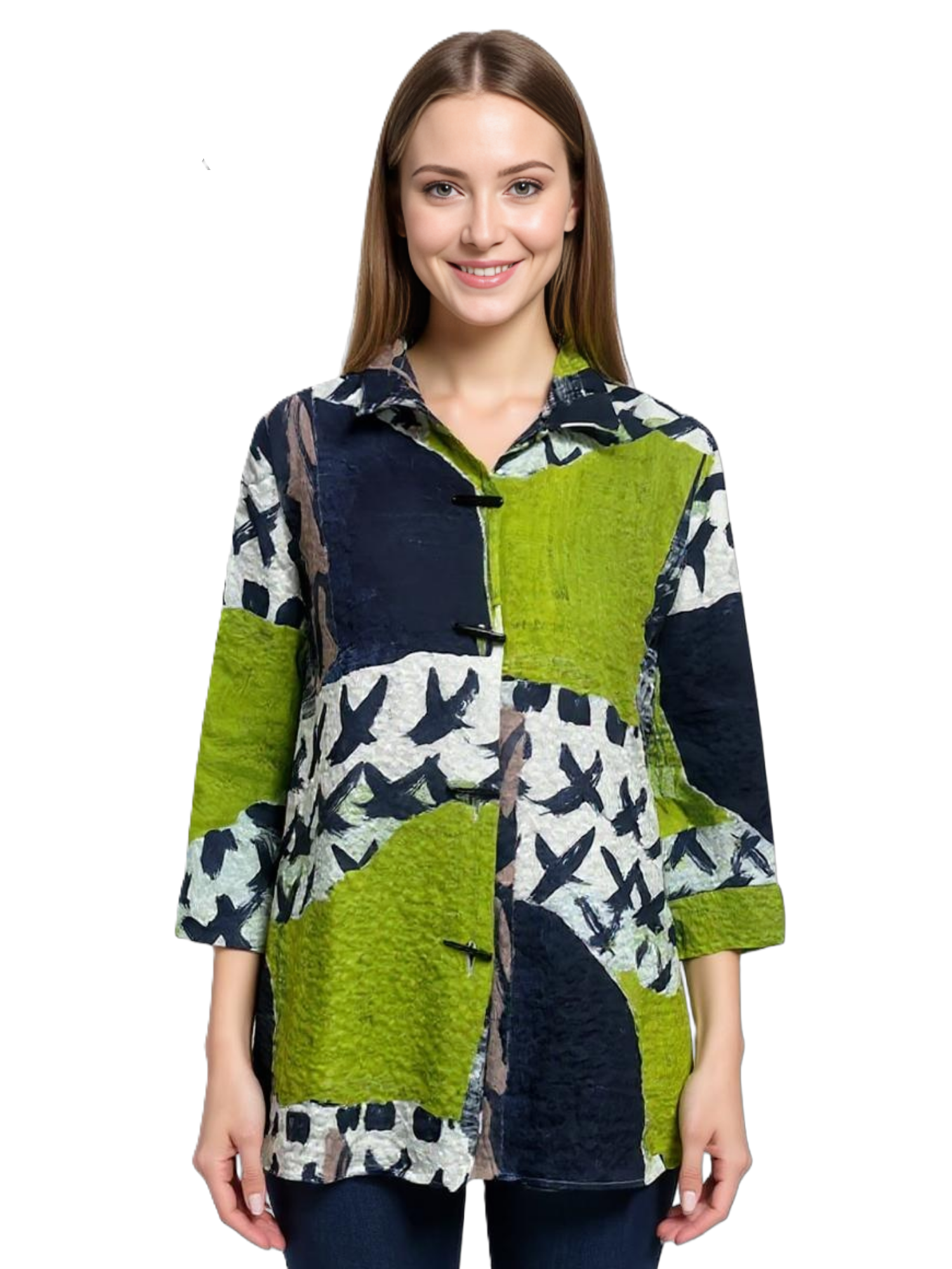Patchwork Button Front 3/4 Sleeve Jacket by Creations in green and navy with bird print and textured fabric jacket