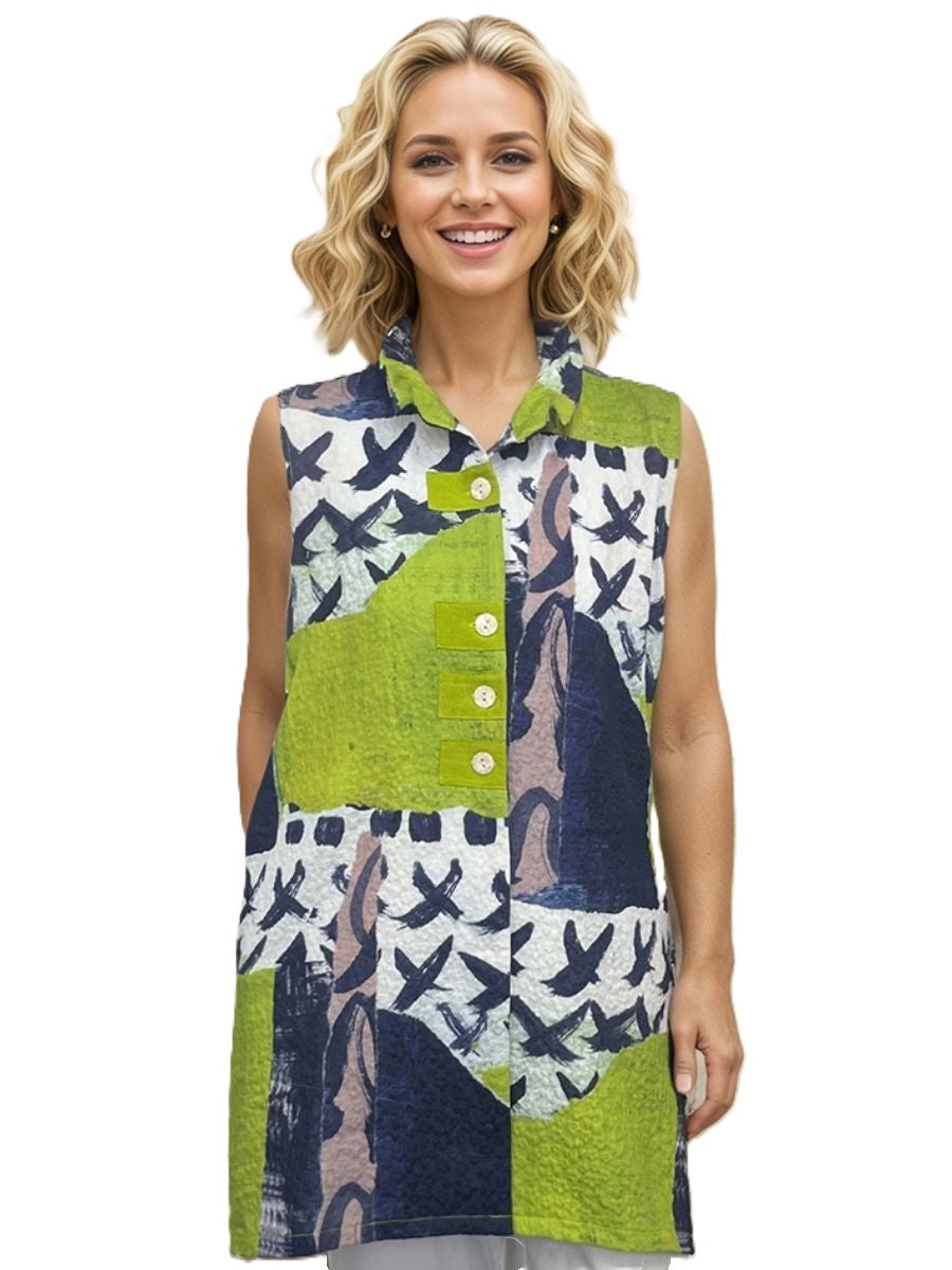 Patchwork Button Front Sleeveless Top by Creations in green and navy abstract print sleeveless design with buttons