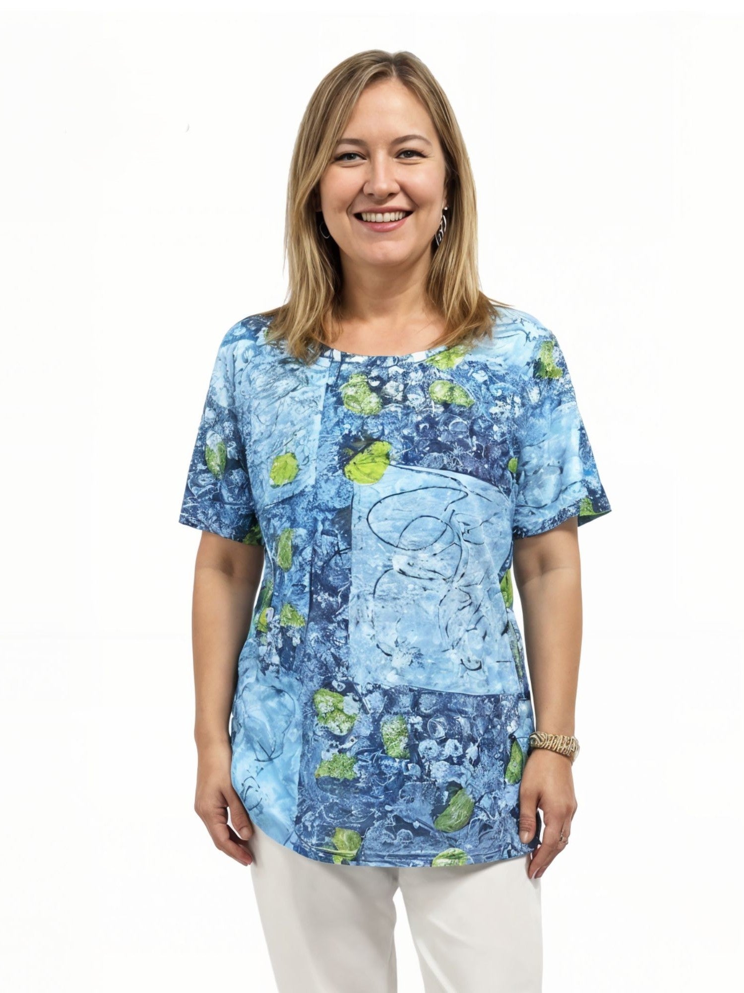 Creation Ocean Blocks Short Sleeve Top by Creations with blue and green abstract block patterns on soft fabric.