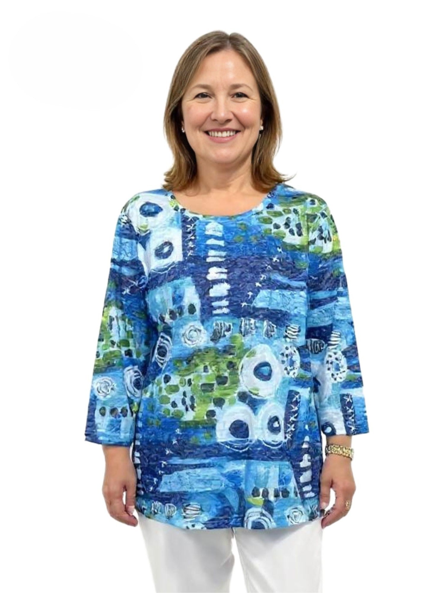 Creation Mashup N Mix 3/4 Sleeve Top by Creations in blue abstract print, suitable as a stylish casual top.