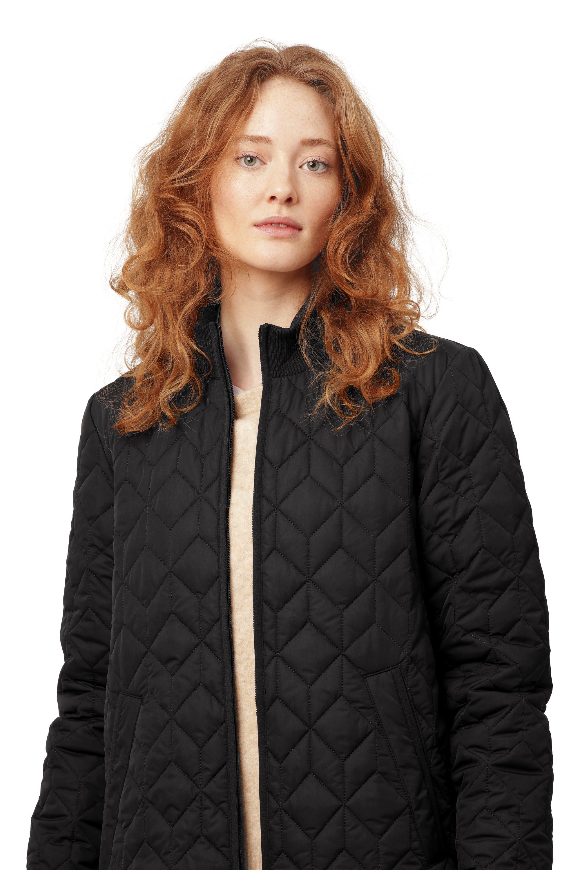 Black Ilse Jacobsen Quilted Coat with diamond stitching, collar detail, and front pockets, ideal outerwear from Ilse Jacobsen.
