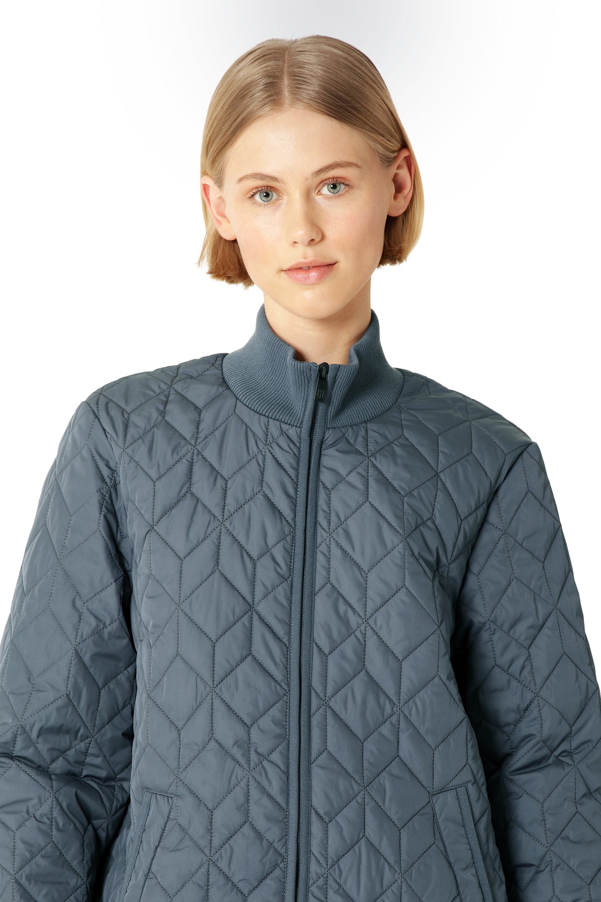Ilse Jacobsen Quilted Coat in blue with geometric stitching and a high collar, stylish outerwear by Ilse Jacobsen.
