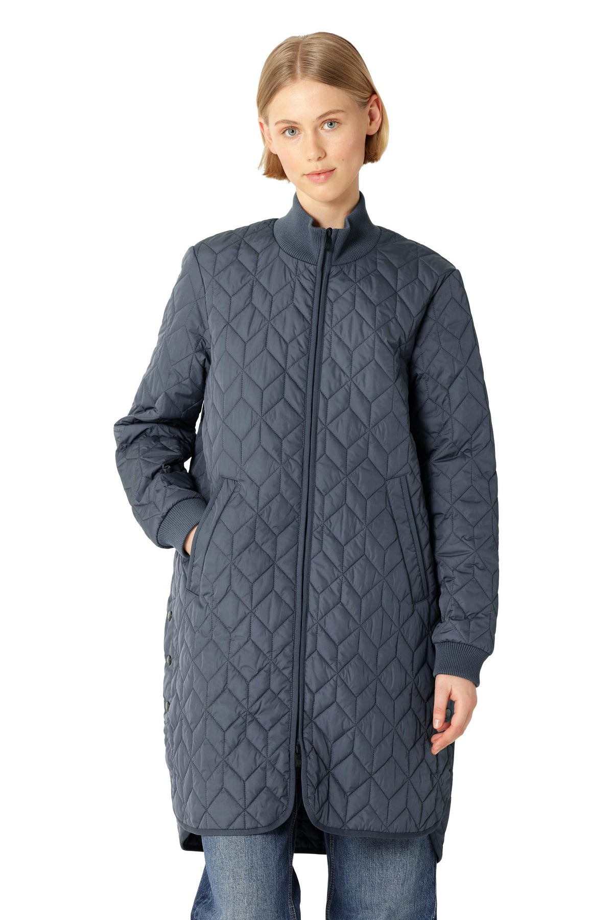Ilse Jacobsen Quilted Coat in navy blue with geometric stitching, high collar, and side button details