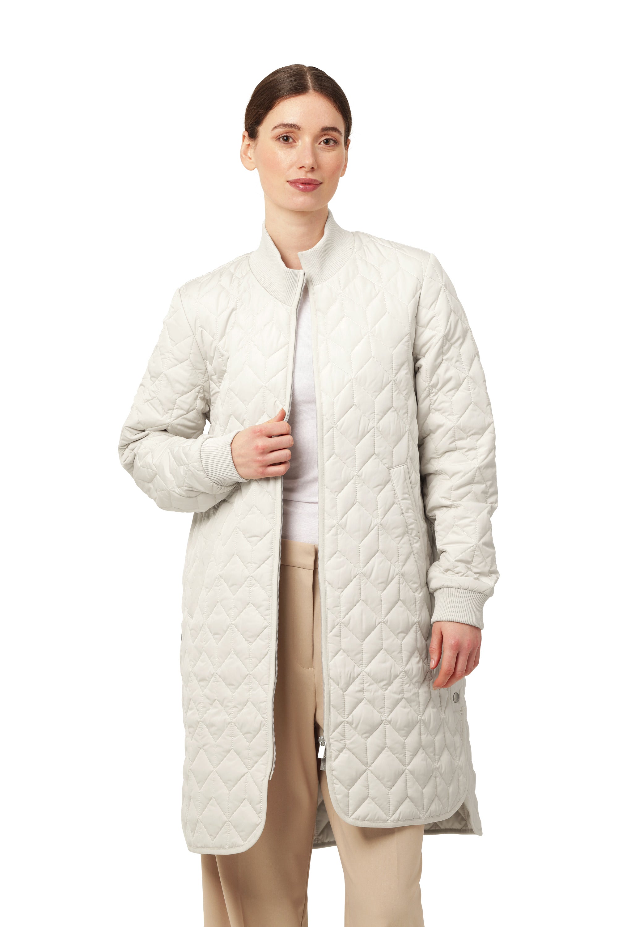 Light cream-colored Ilse Jacobsen Quilted Coat with diamond stitching, long sleeves, and a front zipper closure.