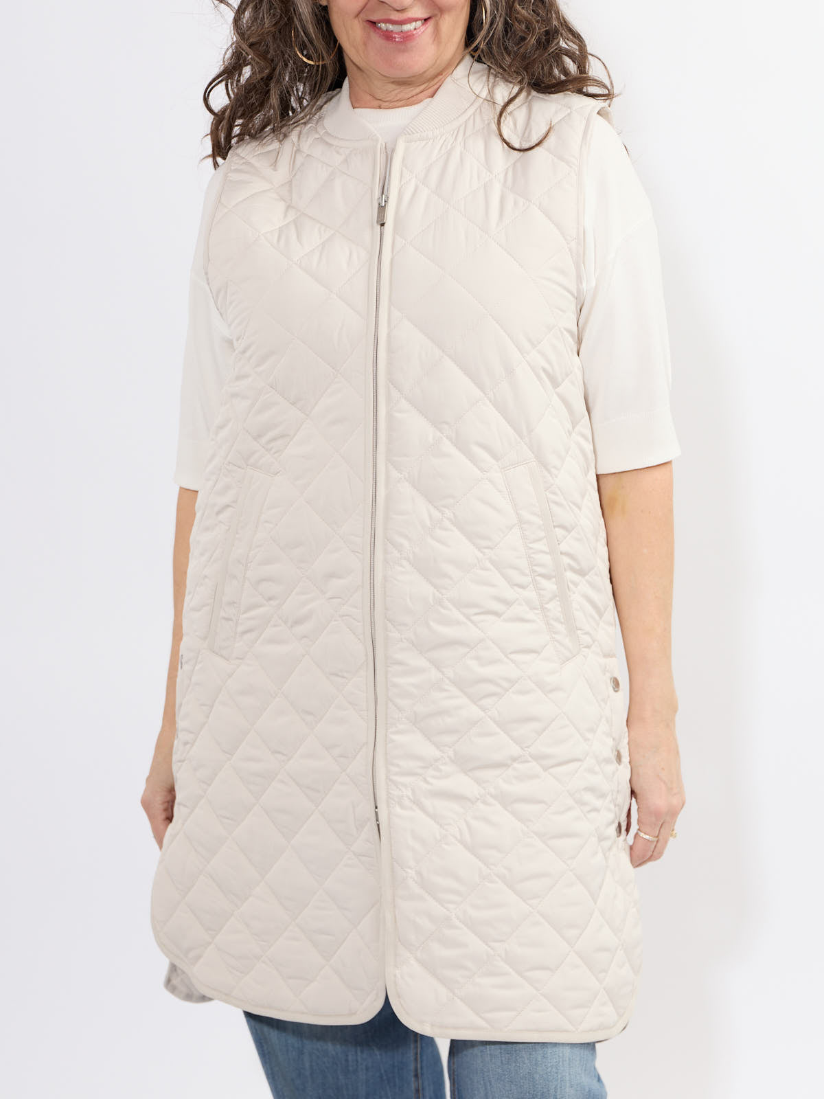 Ilse Jacobsen Quilted Vest in cream color with diamond stitching, zip front, and side pocket details from Ilse Jacobsen outerwear.
