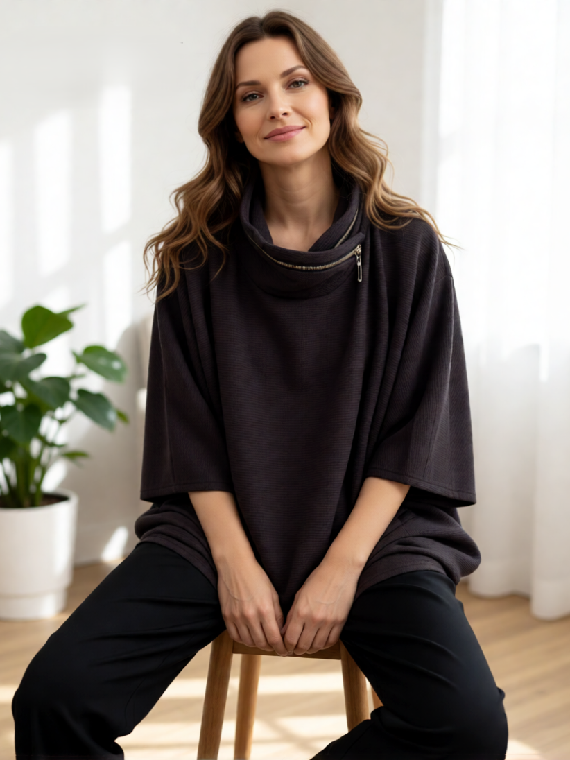 Rib Zip Collar 3/4 Sleeve Top
