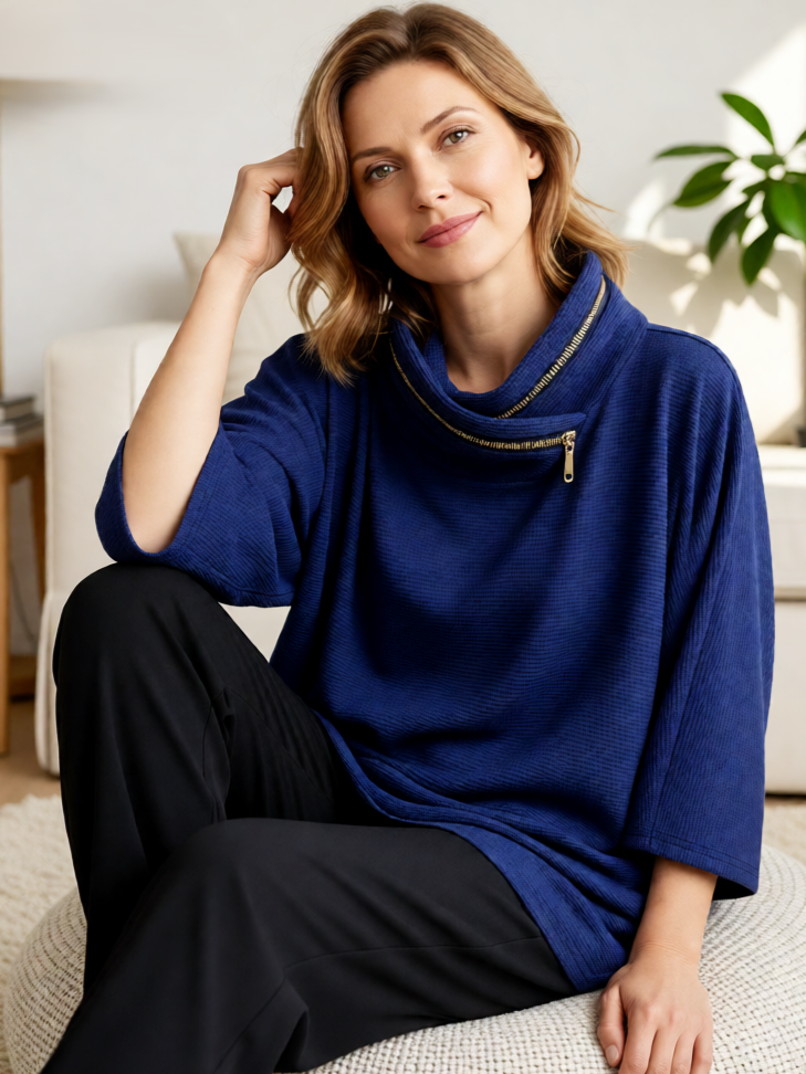 Rib Zip Collar 3/4 Sleeve Top