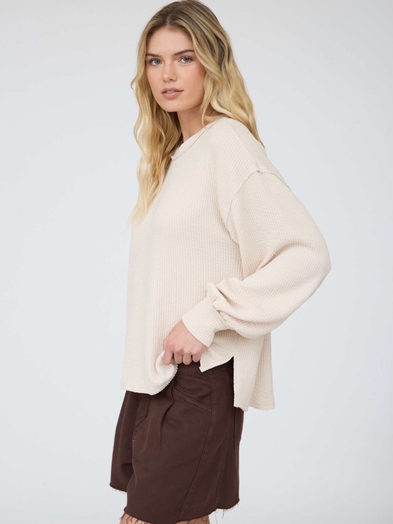 Eclipse Exposed Seam Textured Crew Neck Top