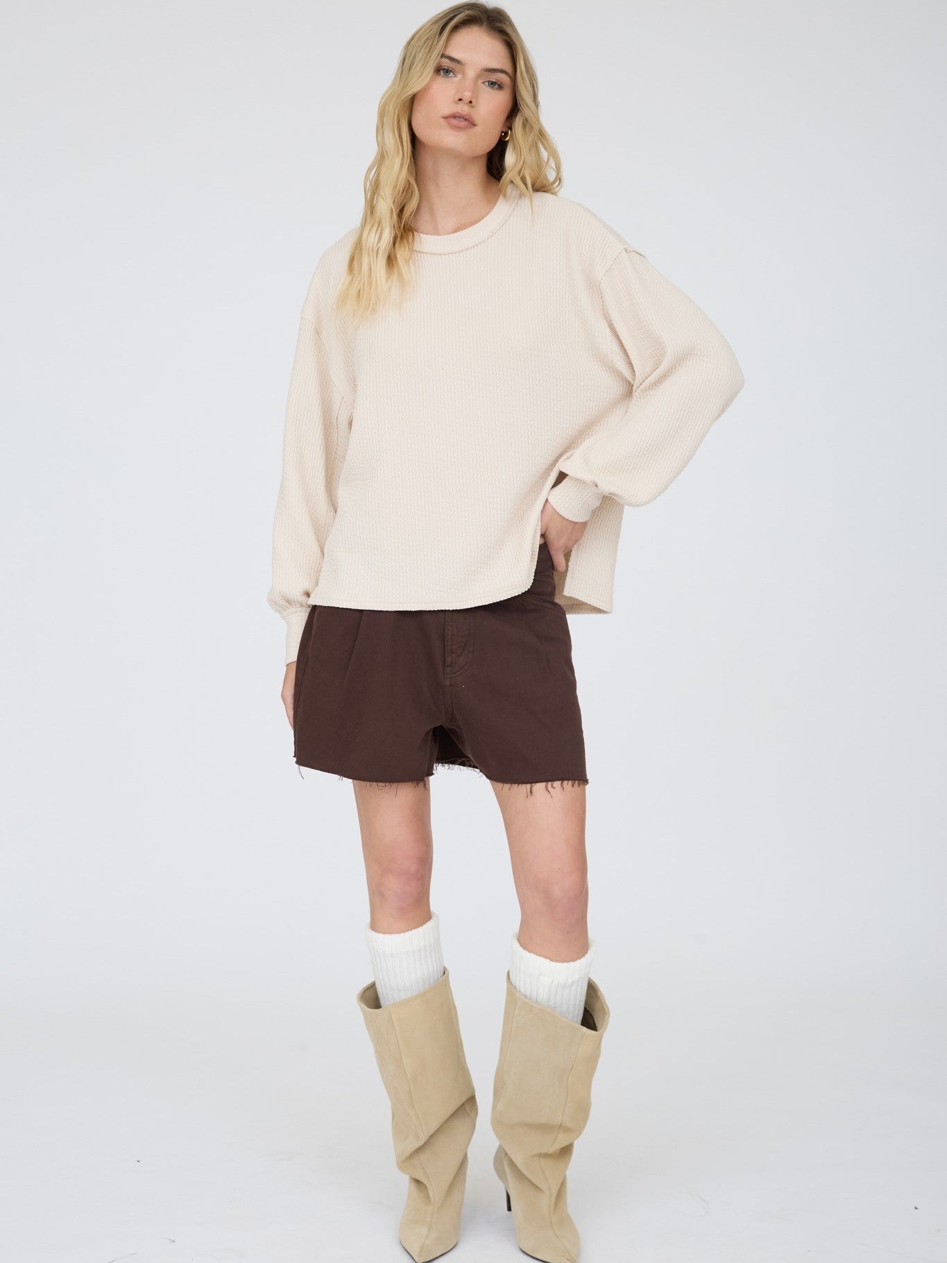 Eclipse Exposed Seam Textured Crew Neck Top
