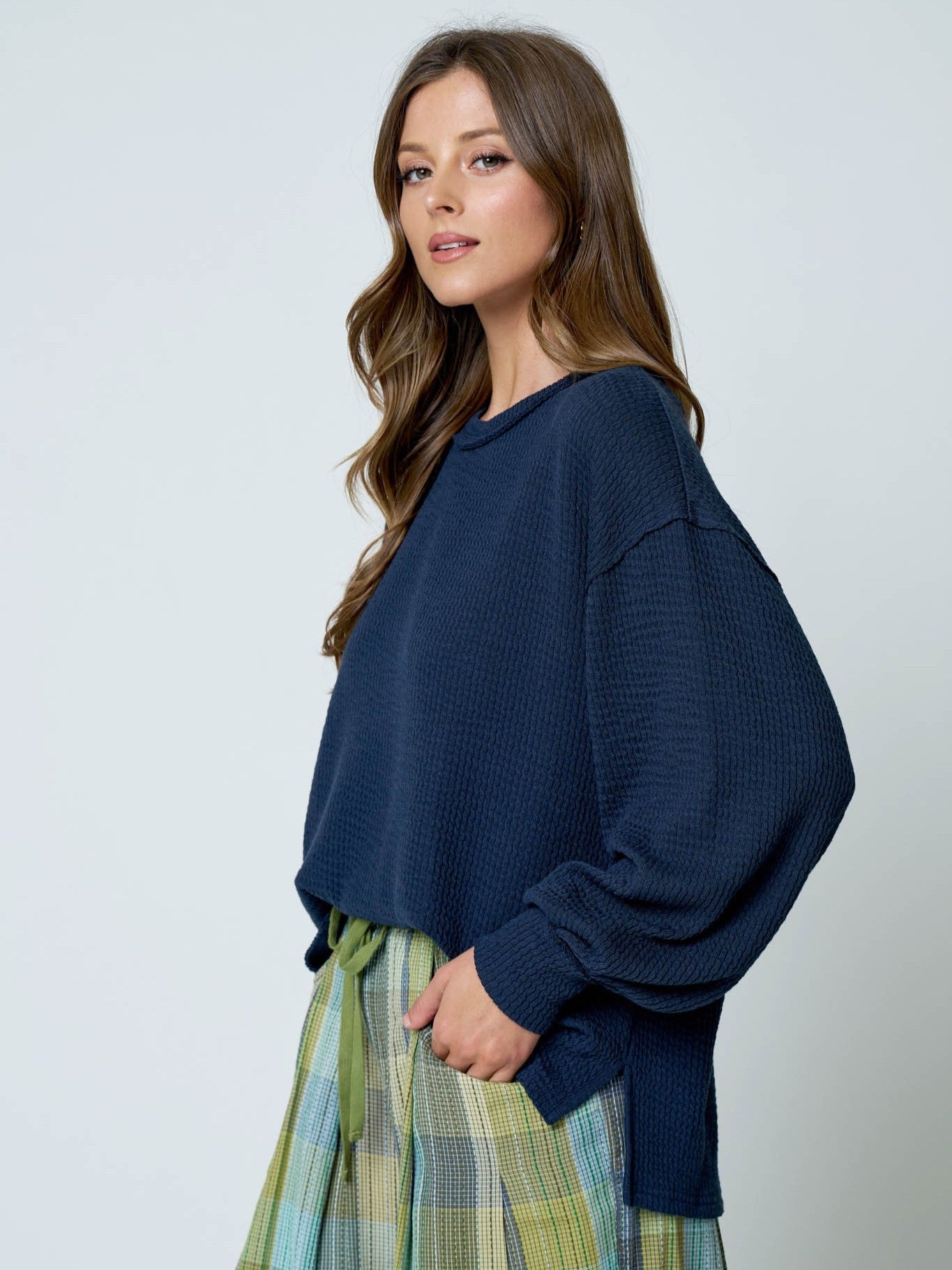 Eclipse Exposed Seam Textured Crew Neck Top