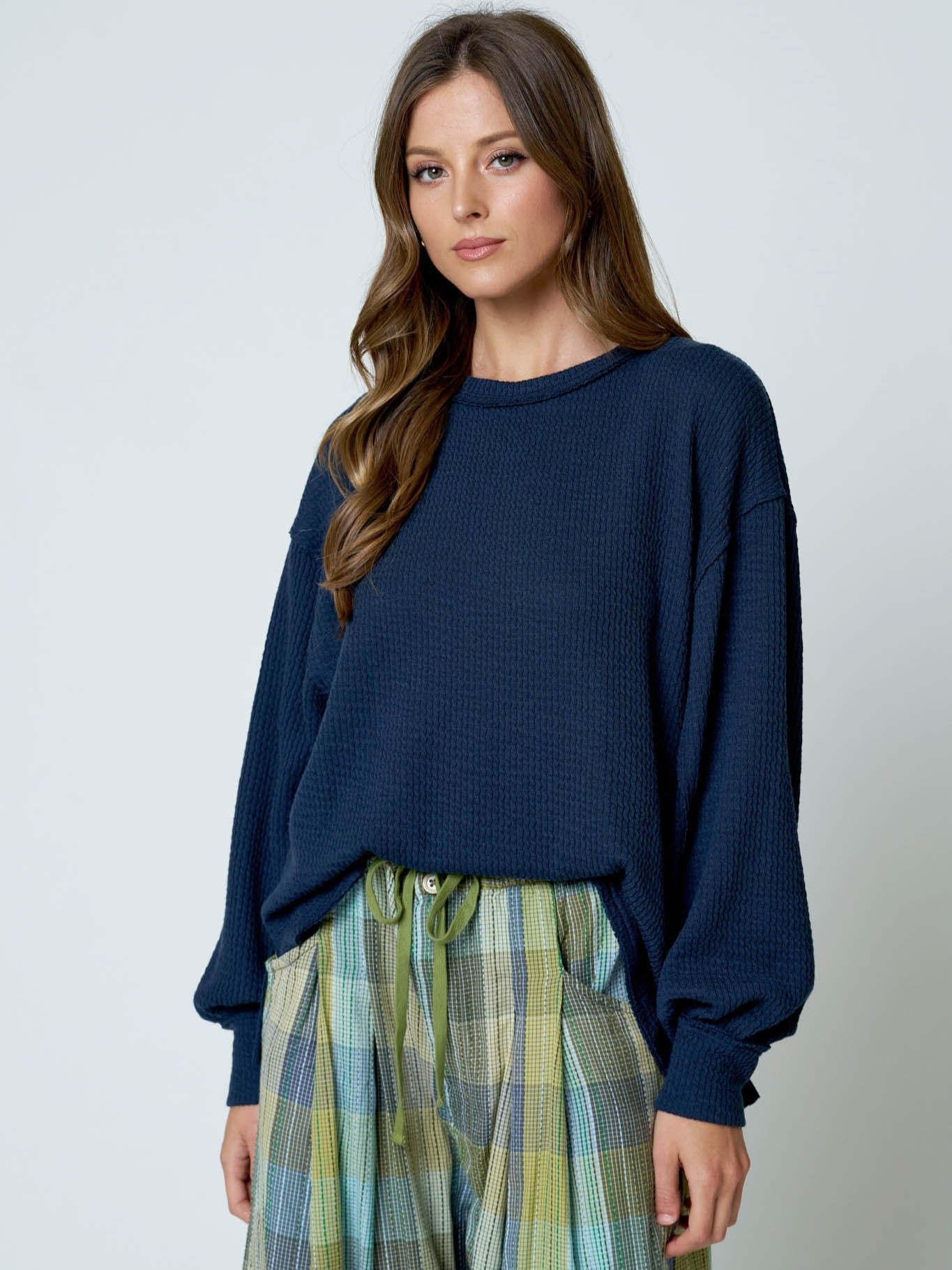 Eclipse Exposed Seam Textured Crew Neck Top