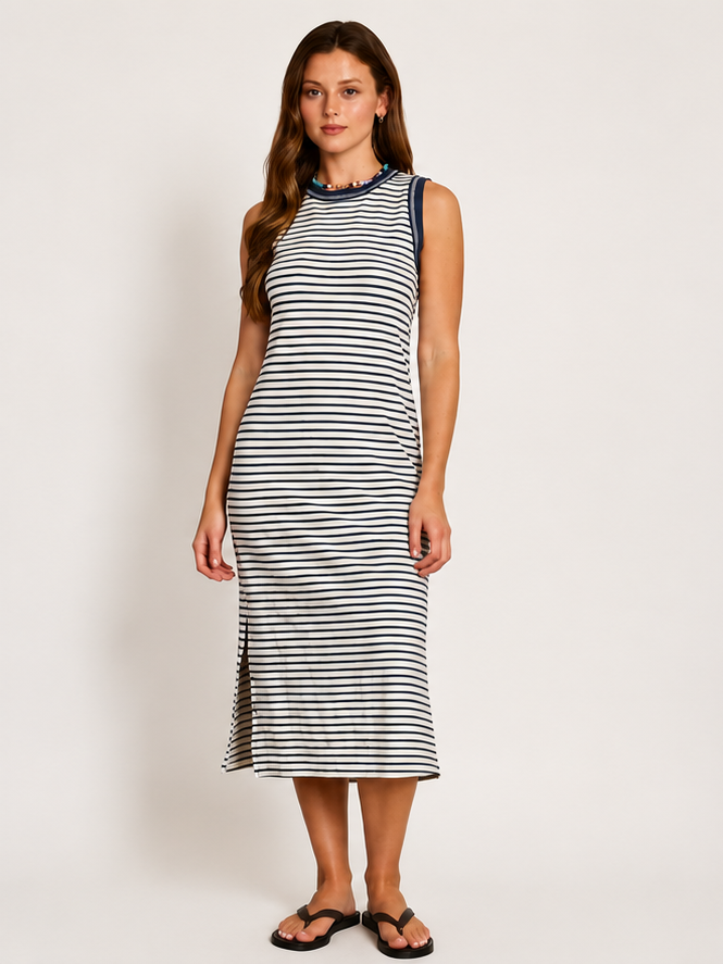 Striped Side Slit Sleeveless Dress