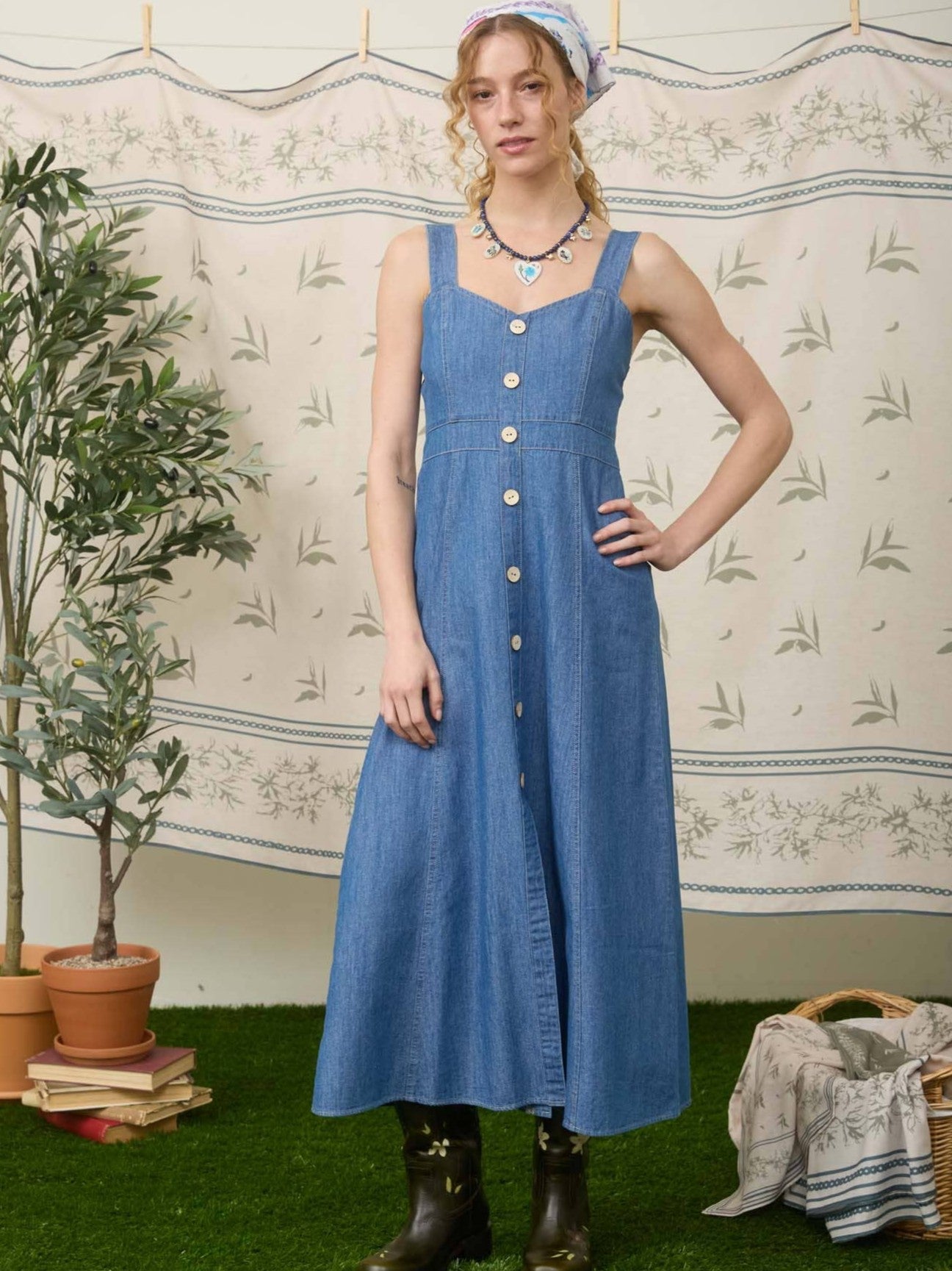 Sweetheart Neck Denim Button-Front Sleeveless Midi Dress by Mine in blue denim with front buttons and square straps.