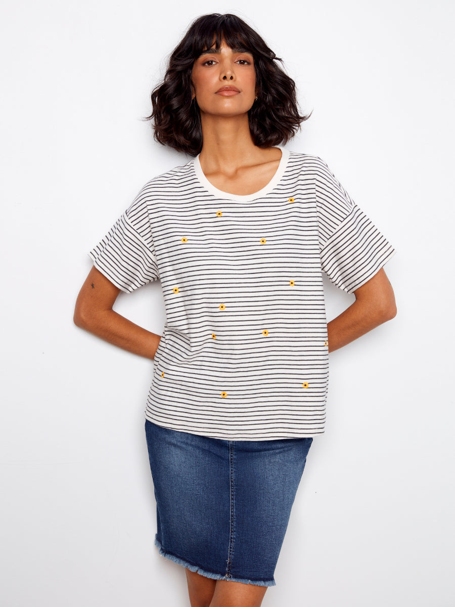 Charlie B Daisy Graphic Cotton T-Shirt with black and white stripes and small yellow daisy accents by Charlie B
