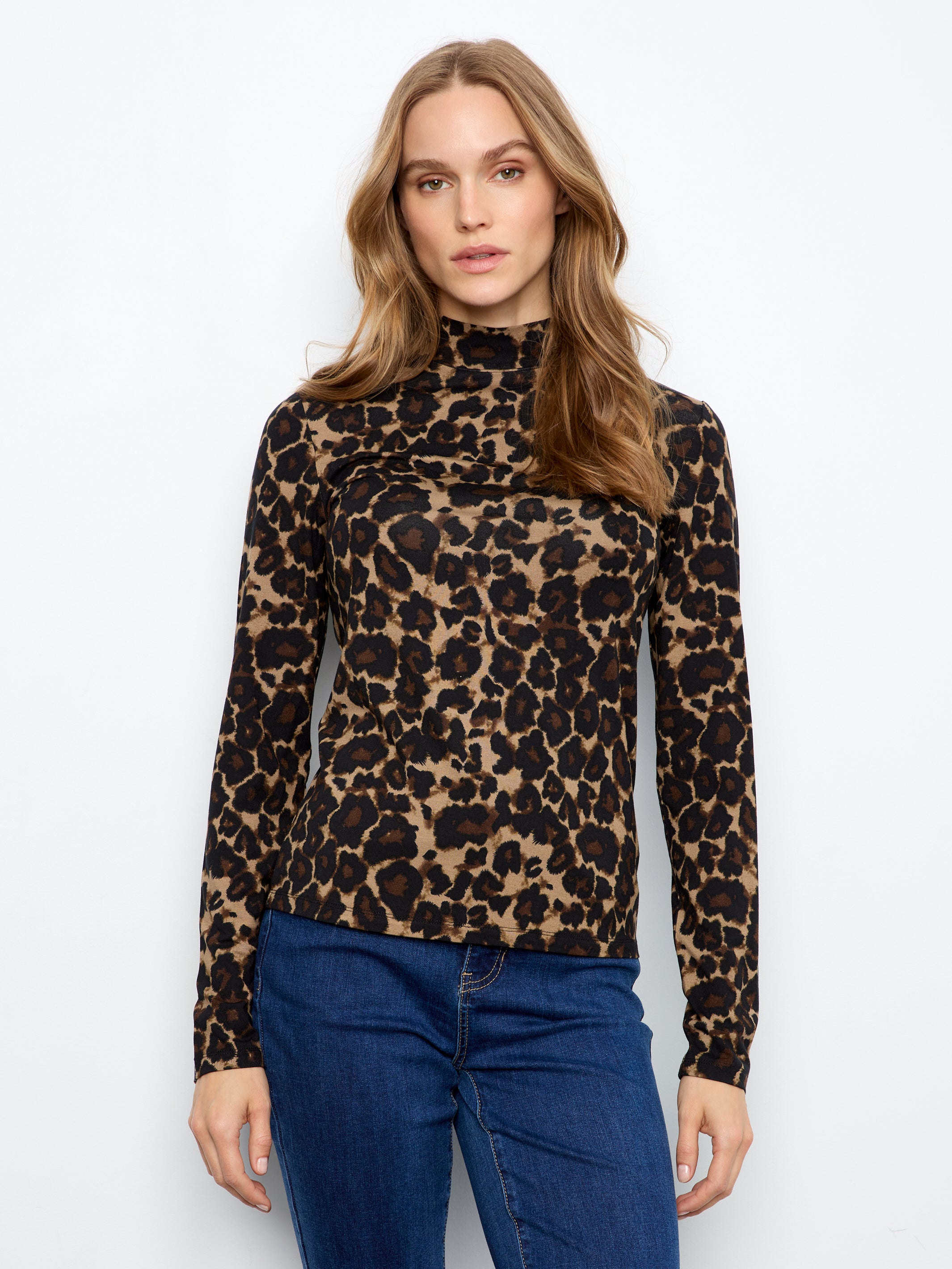 Charlie B Leopard Print Jersey Mock Neck Top