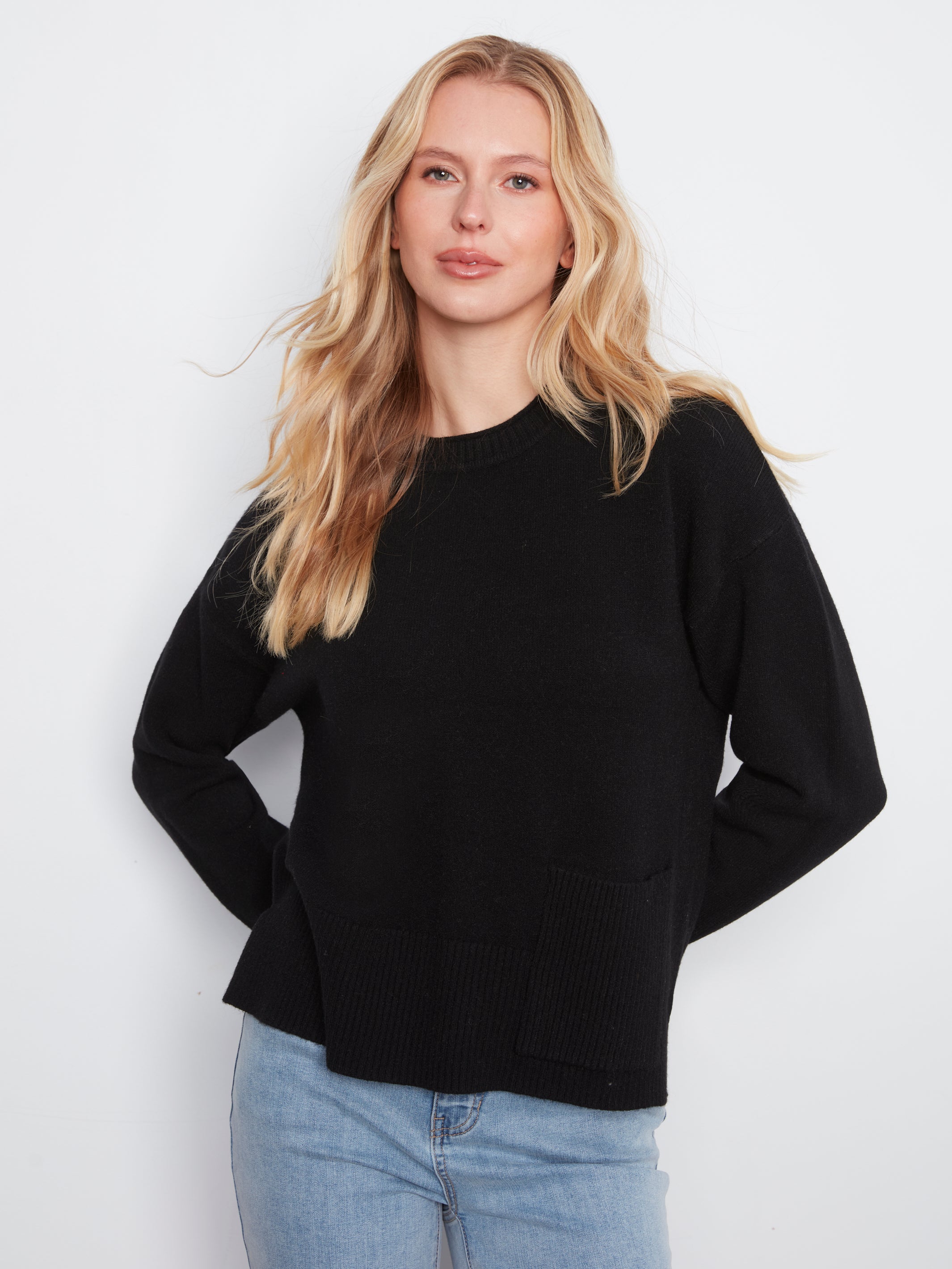 Charlie B Side Pocket Plushy Rib Crew Neck Sweater