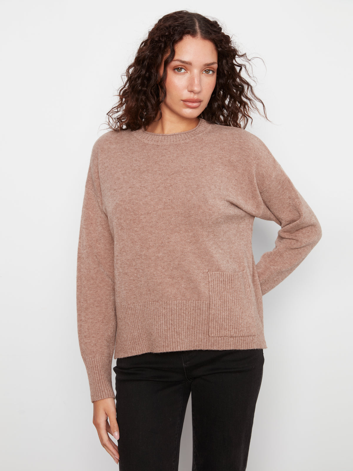 Charlie B Side Pocket Plushy Rib Crew Neck Sweater in soft brown knit with ribbed pocket and hem, styled with black pants.