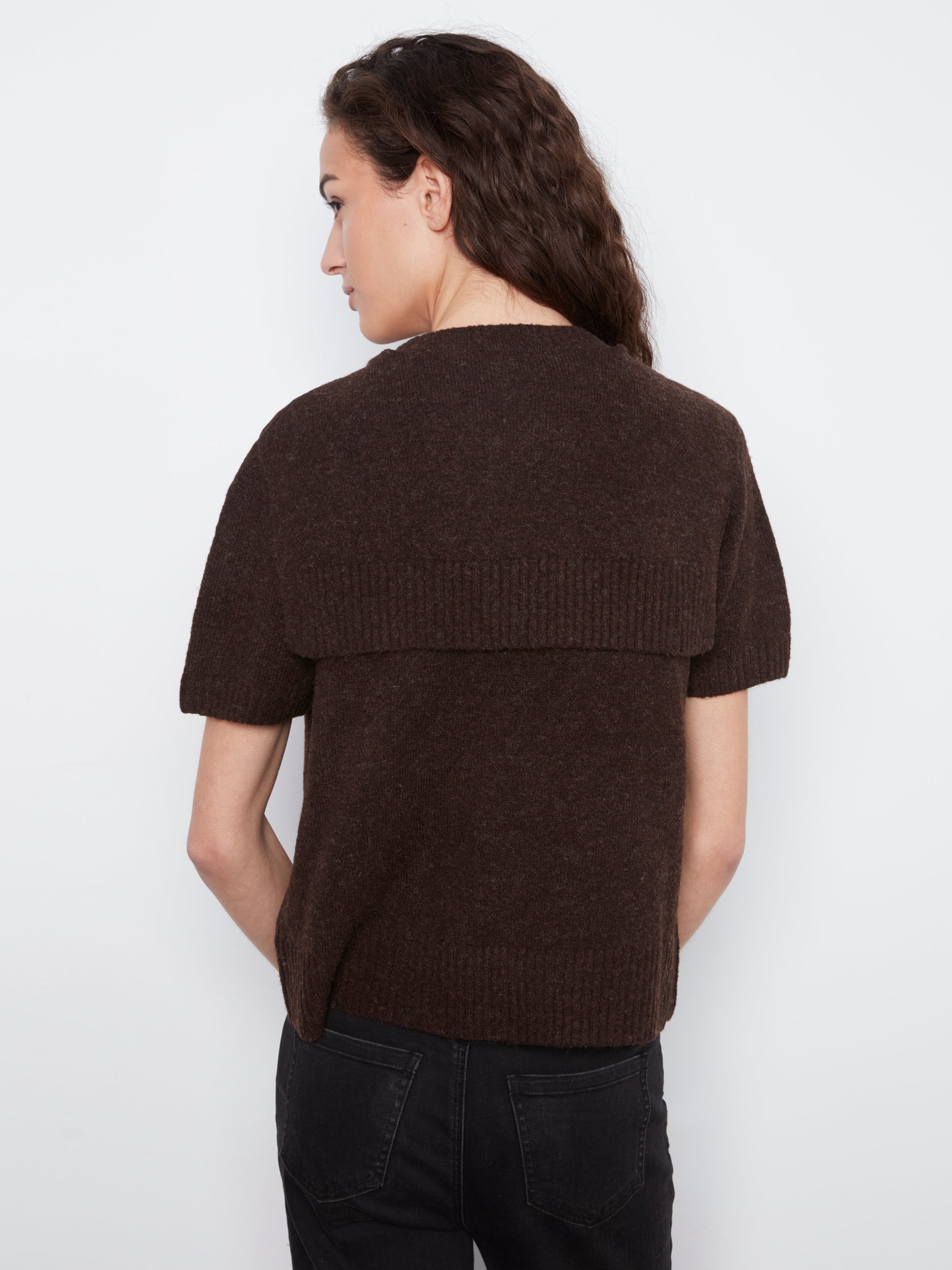Back view of short-sleeve dark brown textured sweater paired with black denim pants against a white background.
