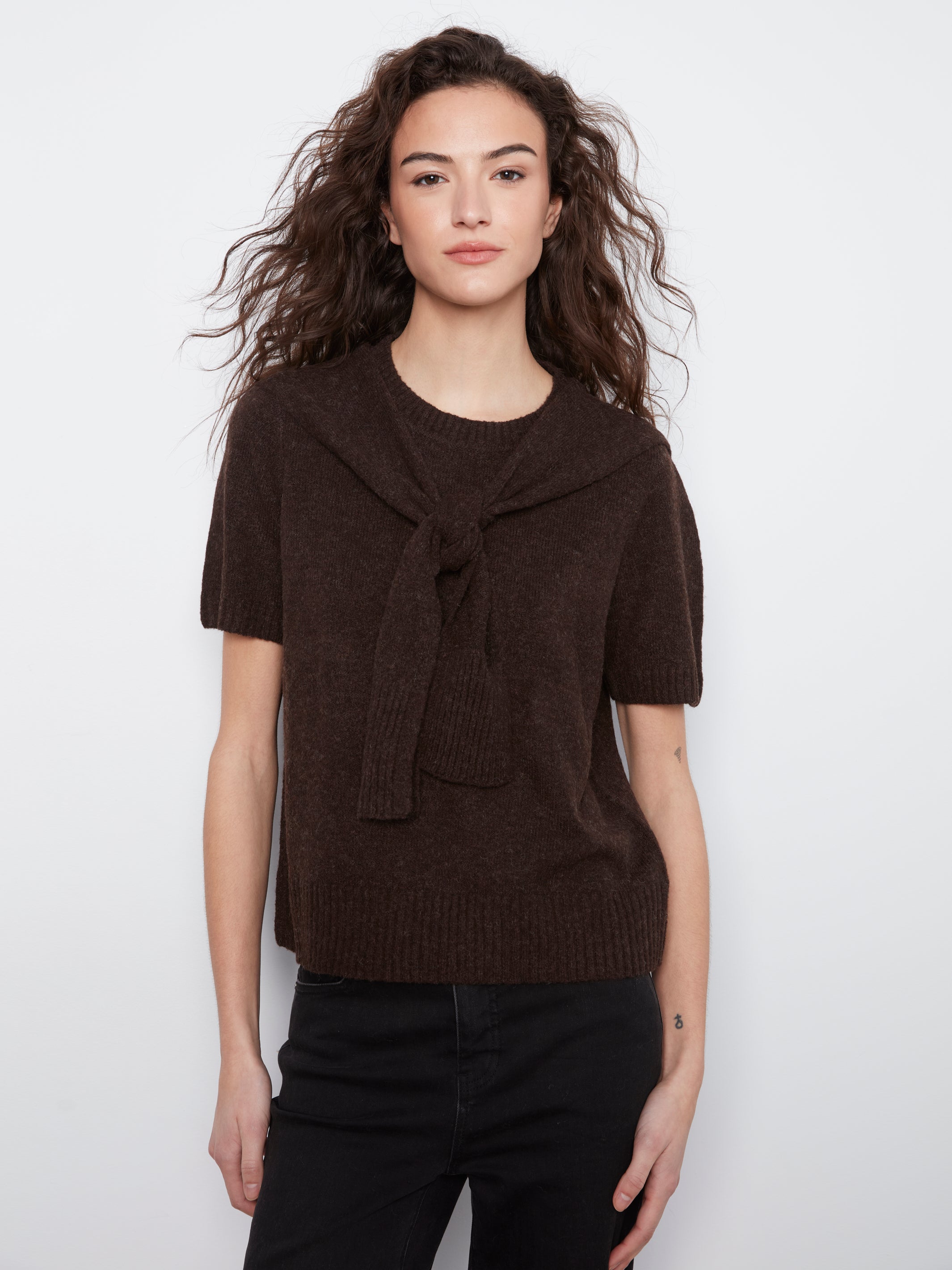Charlie B Over the Shoulder Short Sleeve Crew Neck Sweater