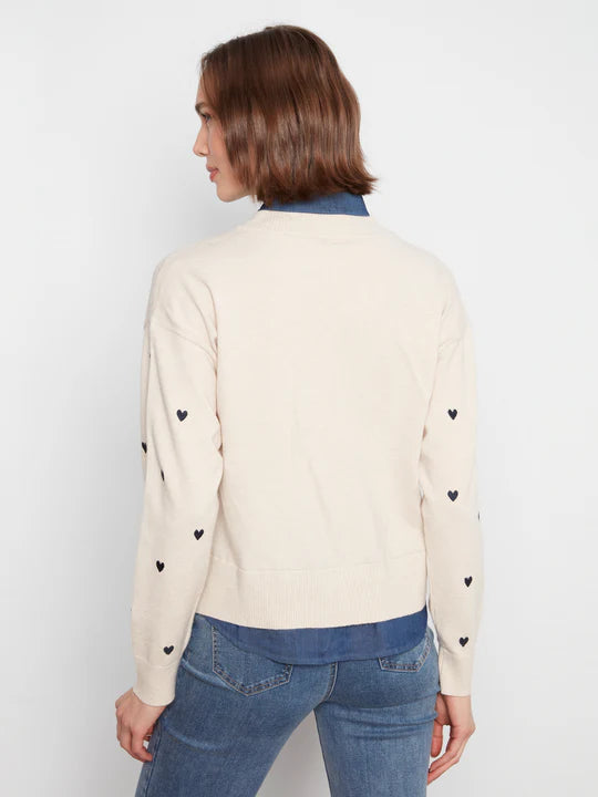 Back view of a cream sweater with small black heart patterns on sleeves over a blue denim shirt and jeans.