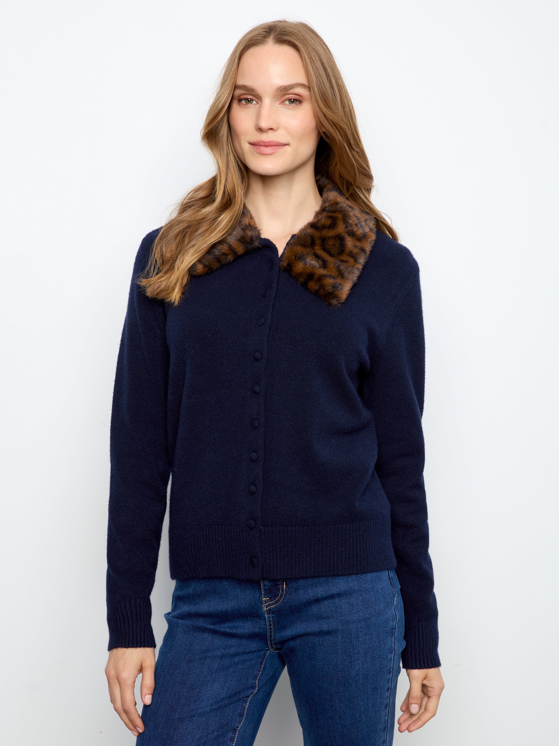 Charlie B Leopard Print Removable Collar Button Cardigan