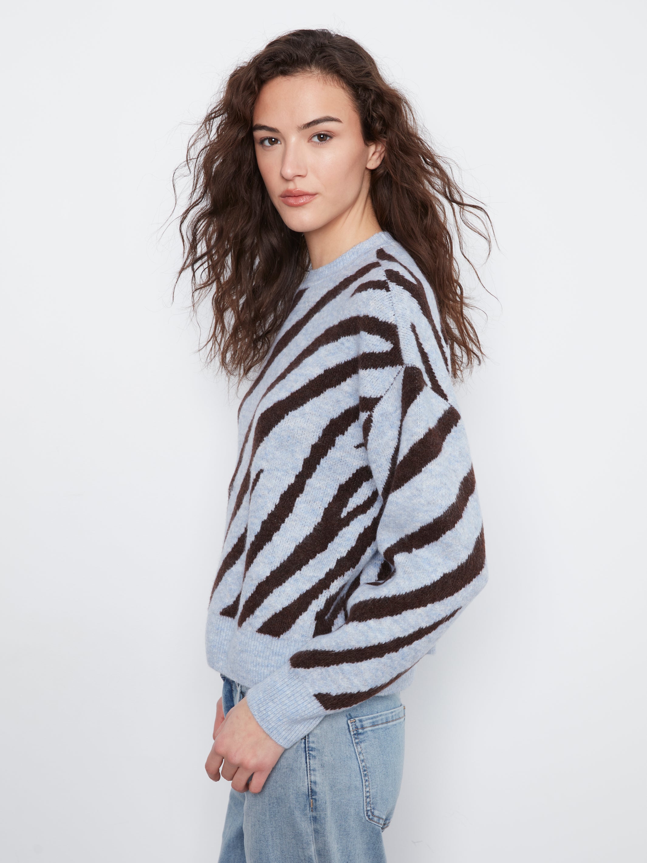 Charlie B Zebra Print Jacquard Crew Neck Sweater