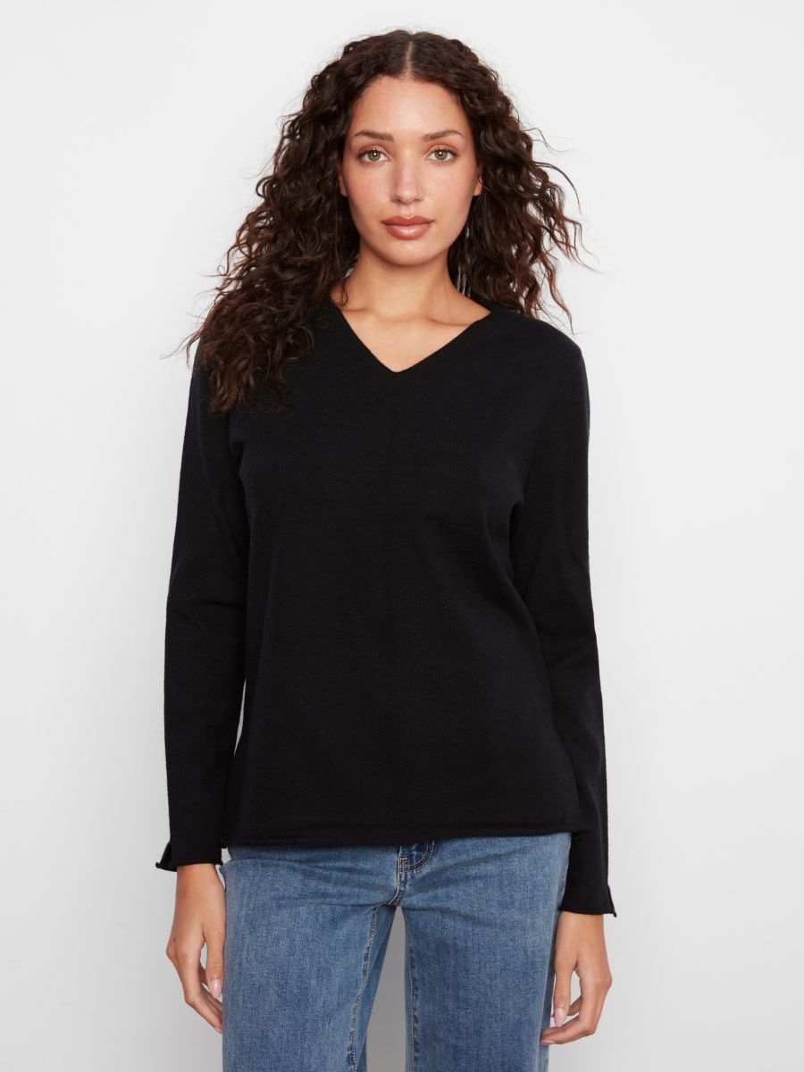 Charlie B Jenny Plushy V-Neck Sweater in black, a soft knit sweater ideal for layering and casual wear.