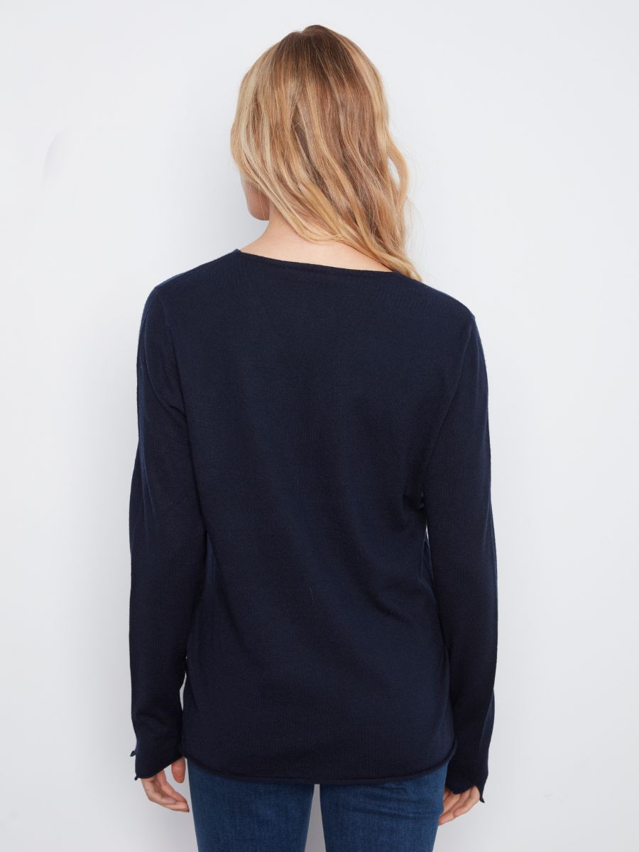 Back view of dark navy sweater from Charlie B, the Charlie B Jenny Plushy V-Neck Sweater in a simple style.