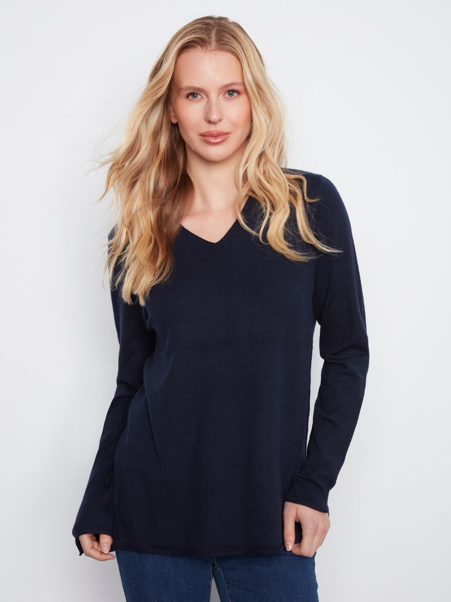 Charlie B Jenny Plushy V-Neck Sweater in navy blue, featuring long sleeves, a plush texture, and a classic fit by Charlie B.