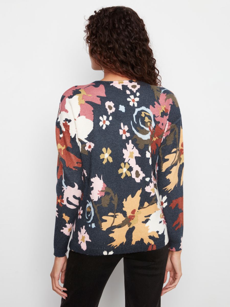 Floral patterned long-sleeve sweater in navy with pink, mustard, white, and olive color accents